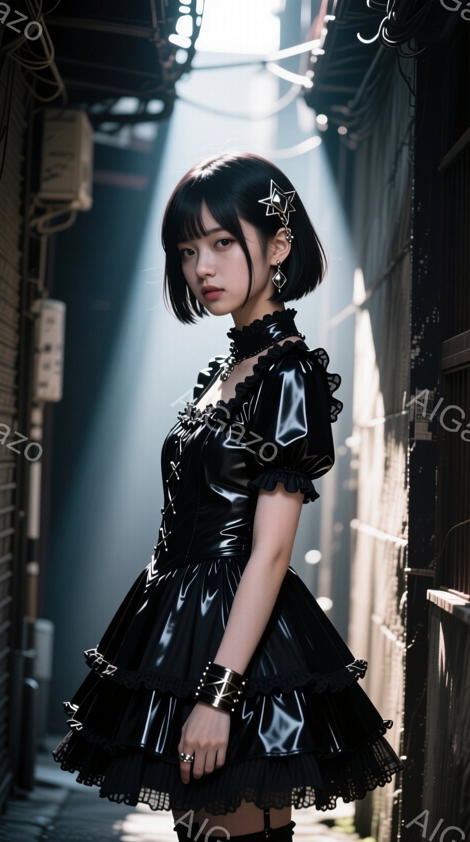 黒いミニワンピースを着た若い女性が、路地の壁に沿って立っている。ワンピースは光沢のある素材で、フリルやレースが特徴的で、ゴシックロリータ風のスタイルを演出している。彼女は少し俯き加減で、強い眼差しでこちらを見つめ、全体的にクールでミステリアスな雰囲気を醸し出している。
