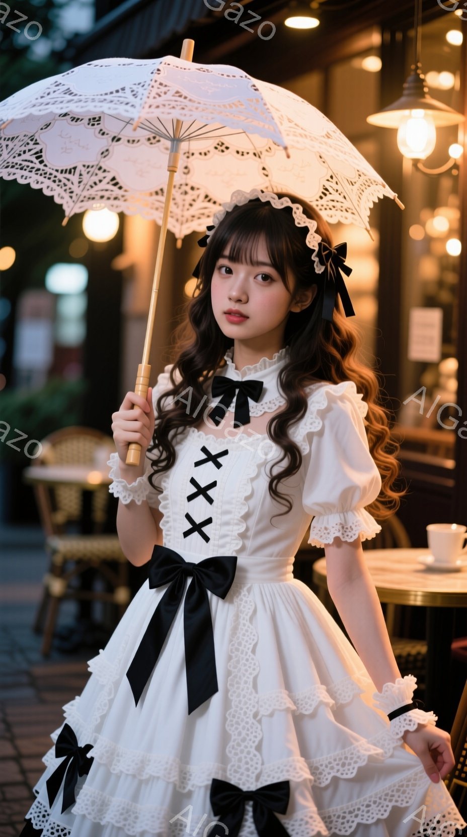 白いレースの装飾が施された可愛らしいロリータ風のドレスを着た若い女性が写っています。彼女は黒いリボンをあしらった巻き髪とし、少し微笑んだ表情で、美しいレースの傘を手にしています。背景にはカフェのテラス席がぼやけ、暖色の照明がロマンチックな雰囲気を醸し出しています。
