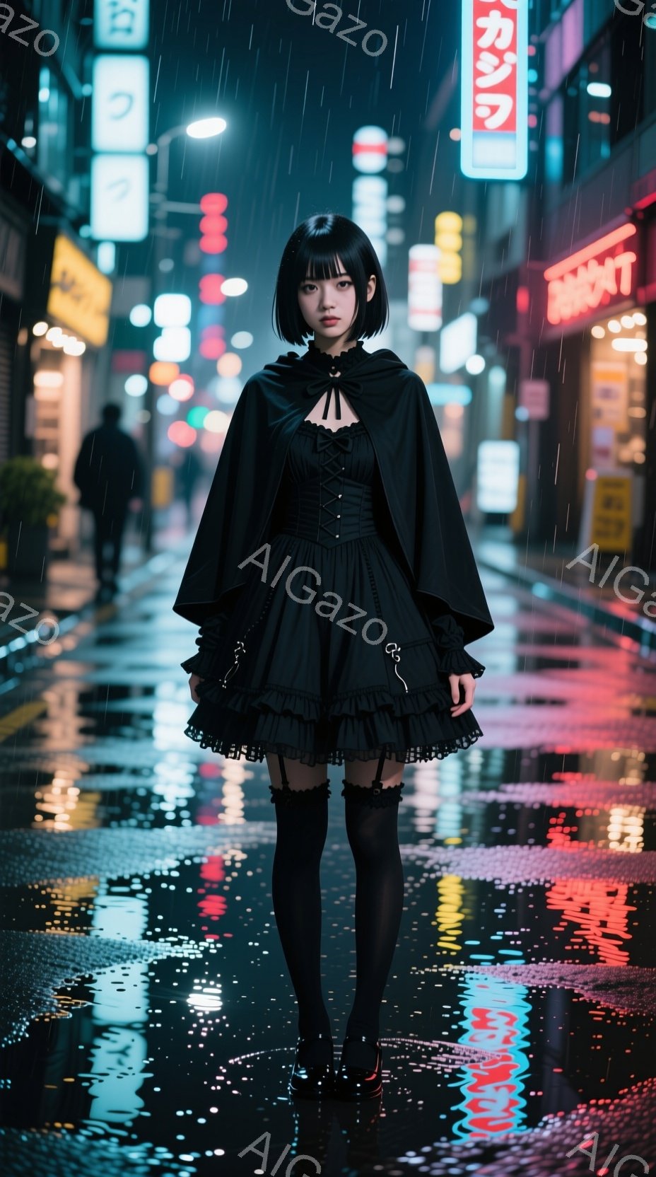 黒いゴシックロリータ風の衣装を身につけた女性が、雨の夜の街中に立っている。彼女は黒い髪を肩まで伸ばし、前髪はぱっつんカットで、顔色は青白く、どこか憂いを帯びた表情をしている。背景には、ネオンライトが輝く雑然とした街並みが広がり、雨に濡れたアスファルトが光を反射して幻想的な雰囲気を醸し出している。
