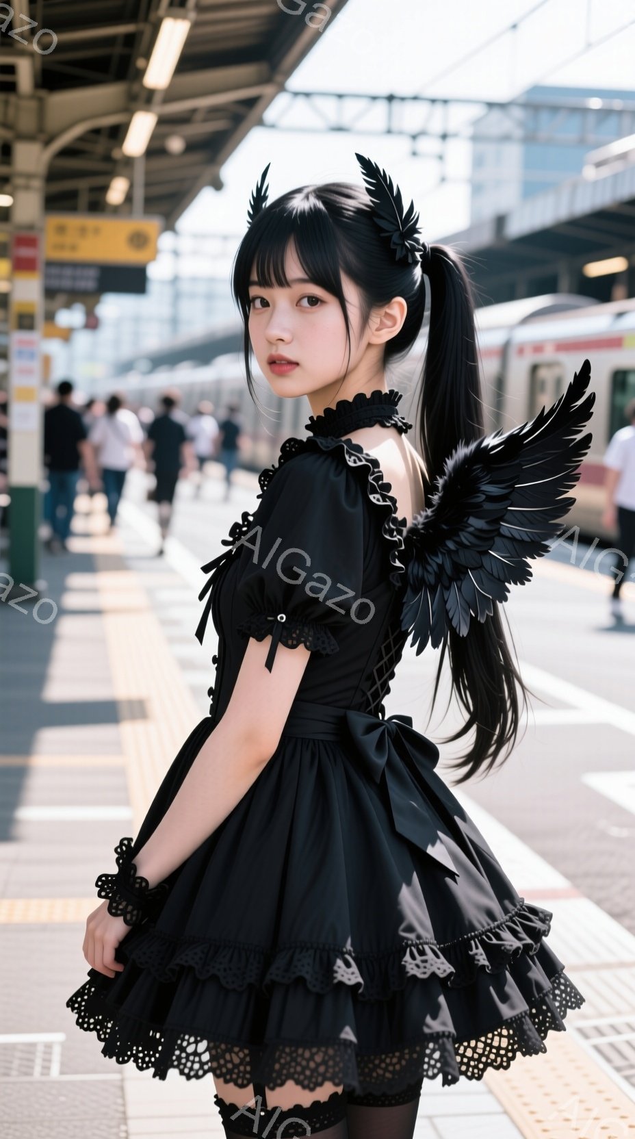 黒いフリル付きのドレスを着た若い女性が、駅のプラットフォームに立っている。彼女は長い黒髪をポニーテールにし、背中には黒い天使の羽が付いている。背景には電車が停車している線路と、多くの人が歩いている駅のプラットフォームが見える。