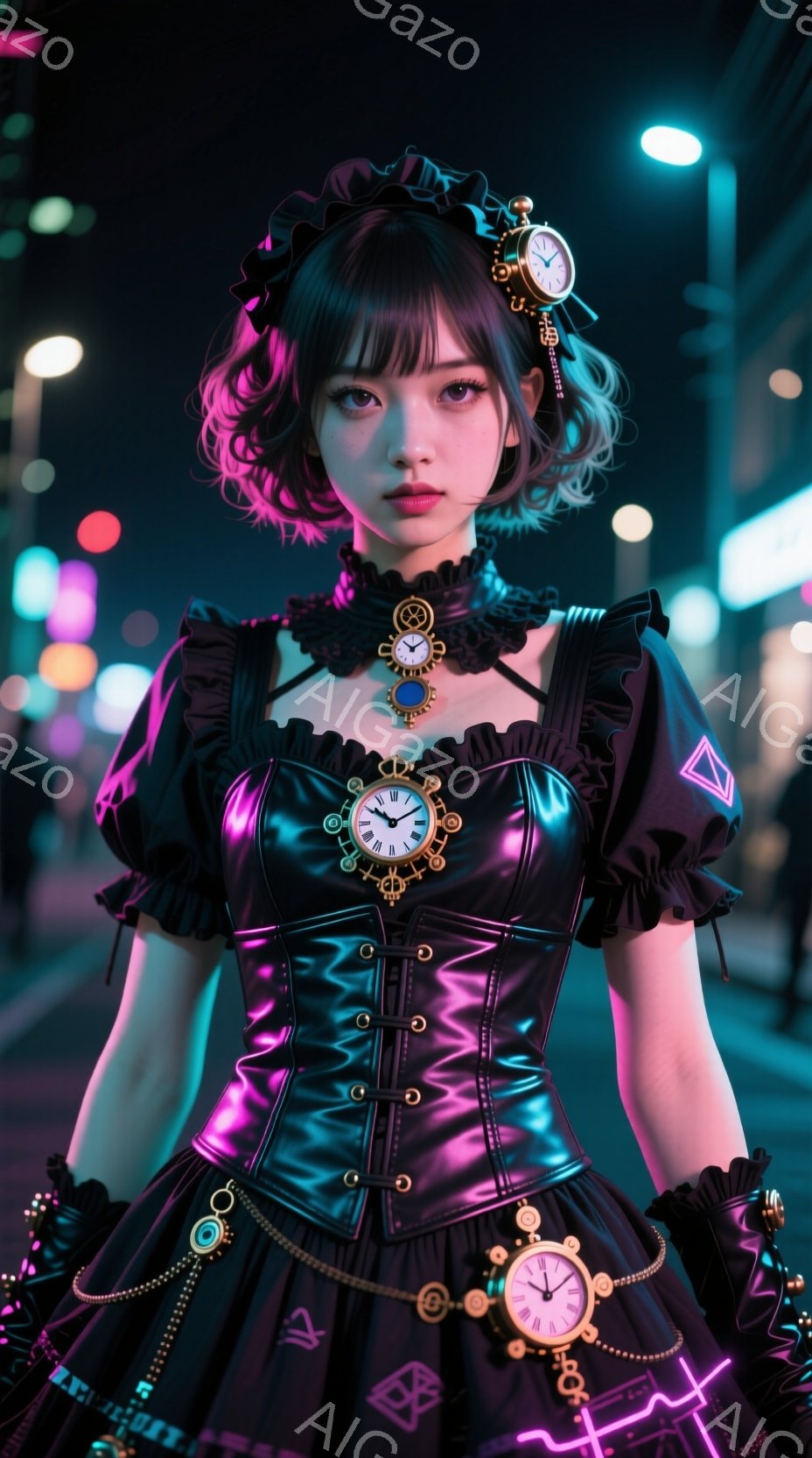 暗い夜の街並みを背景に、黒を基調としたコルセット風のドレスを着た若い女性が立っている。彼女はカールした黒髪に、懐中時計をモチーフにしたアクセサリーを身に着け、少し挑戦的な表情でこちらを見ている。背景には、ネオンライトがぼやけて光り、独特の未来的な雰囲気を醸し出している。