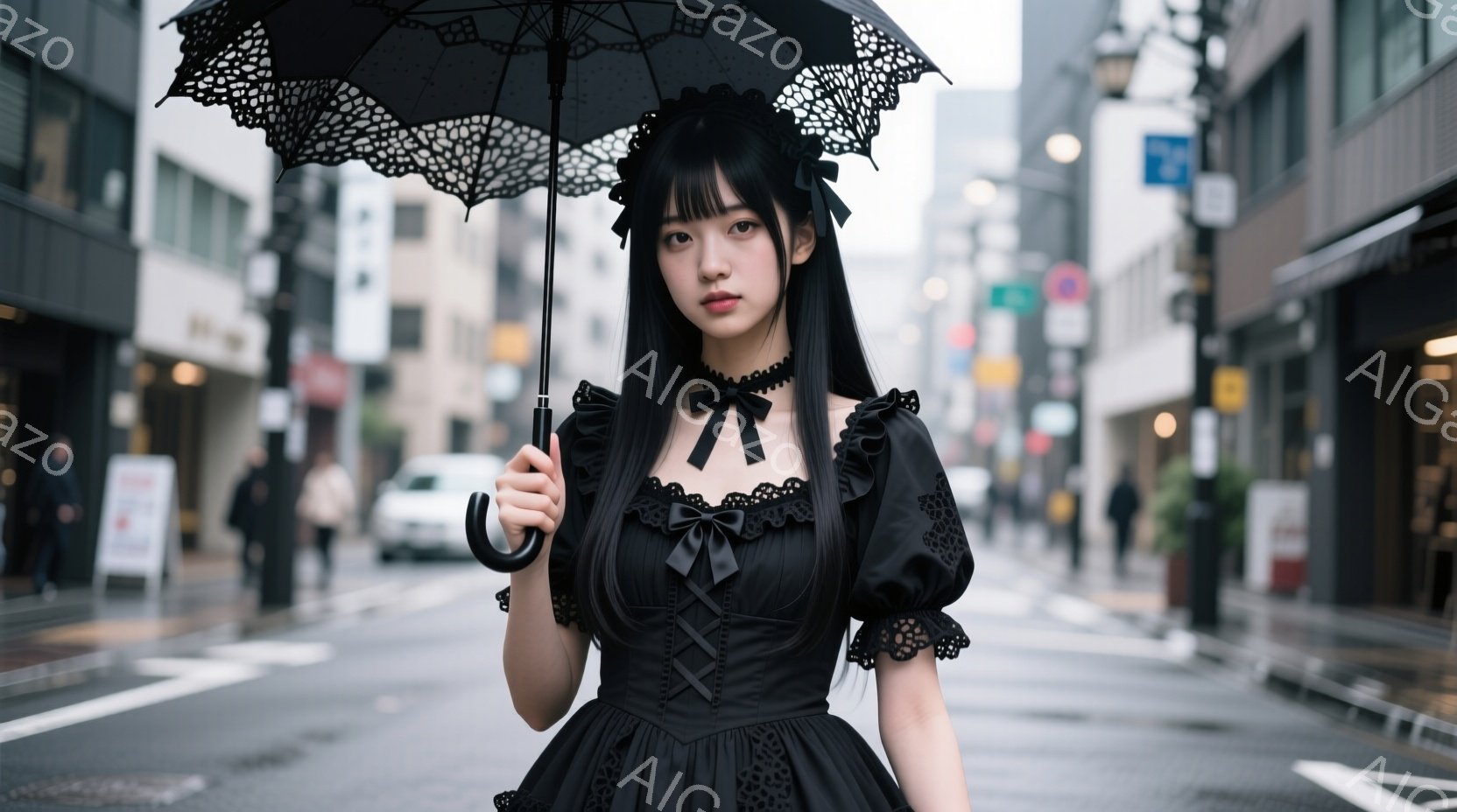 黒いレースの傘を差した若い女性が、黒いコルセット風のドレスを着て立っている。彼女は長い黒髪をセンターパートにし、正面を見据えた少し憂いを帯びた表情をしている。背景には、雨の日の都会の風景が広がり、建物や歩行者がぼやけて見える。