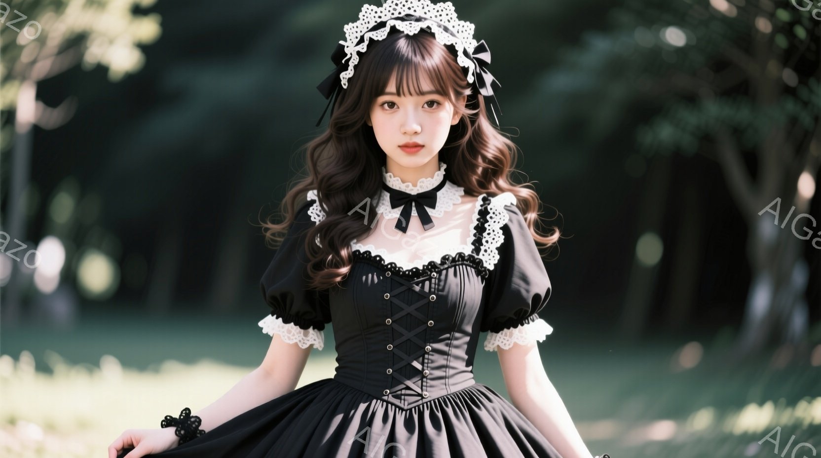黒いロリータ風のドレスを着た若い女性が写っている。ドレスはコルセット風のデザインで、フリルとレースが特徴的で、髪はカールされ、ヘッドドレスを着用している。背景は緑豊かな自然で、穏やかな光が差し込み、女性は優雅な姿勢でカメラを見つめている。
