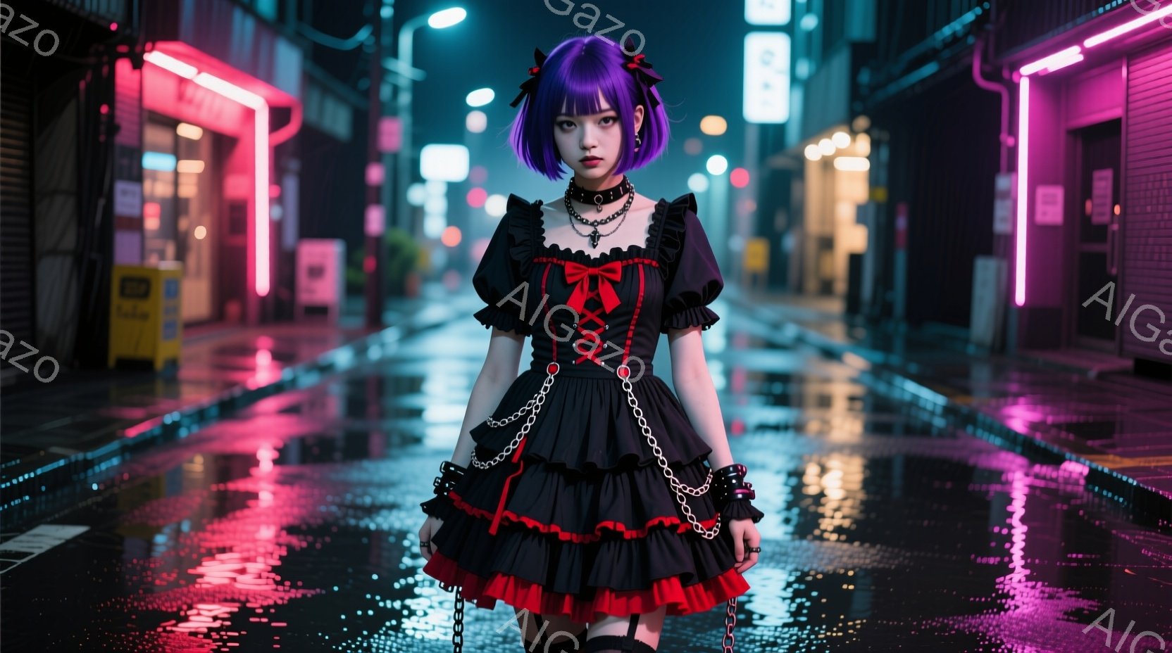 黒いゴシックロリータ風のドレスを着た女性が、雨上がりの夜の路地に立っている。紫色の髪は肩まで切り揃えられ、黒いレースとリボンが装飾されたドレスは、赤いアクセントが施されている。背景はネオンライトに照らされた暗い路地で、濡れた路面に光が反射し、退廃的な雰囲気を醸し出している。