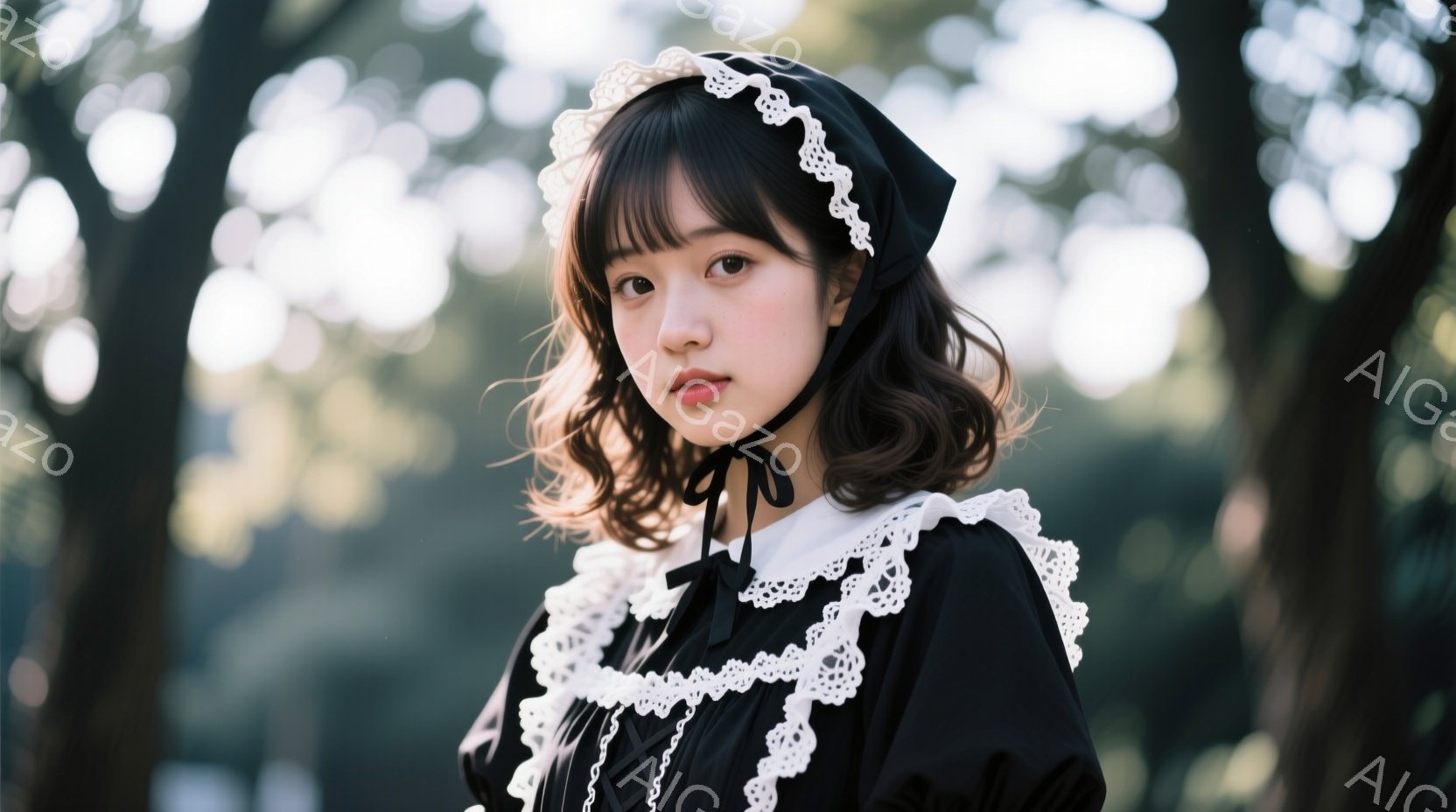 黒いフリル付きのワンピースに、白いレースのヘッドドレスを着用した若い女性が写っている。彼女は少し微笑んでおり、柔らかなカールした髪が肩にかかっている。背景は緑豊かな木々に覆われたぼやけた屋外で、日差し - AI生成フリー素材