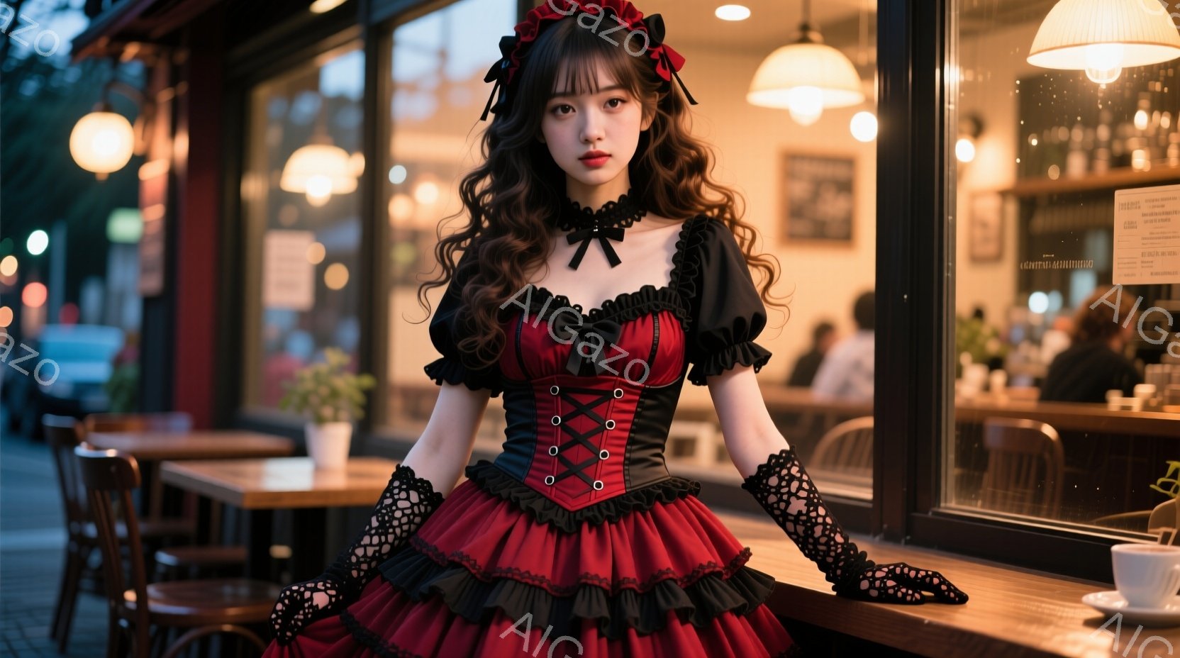 赤と黒のコルセットとフリルたっぷりのドレスを着た若い女性が、カフェの窓辺に立っている。彼女は長い黒髪をカールさせ、前髪を少しふんわりとさせている。背景には、カフェのテーブルと椅子、そして夜の街並みがぼんやりと見え、温かくロマンチックな雰囲気を醸し出している。