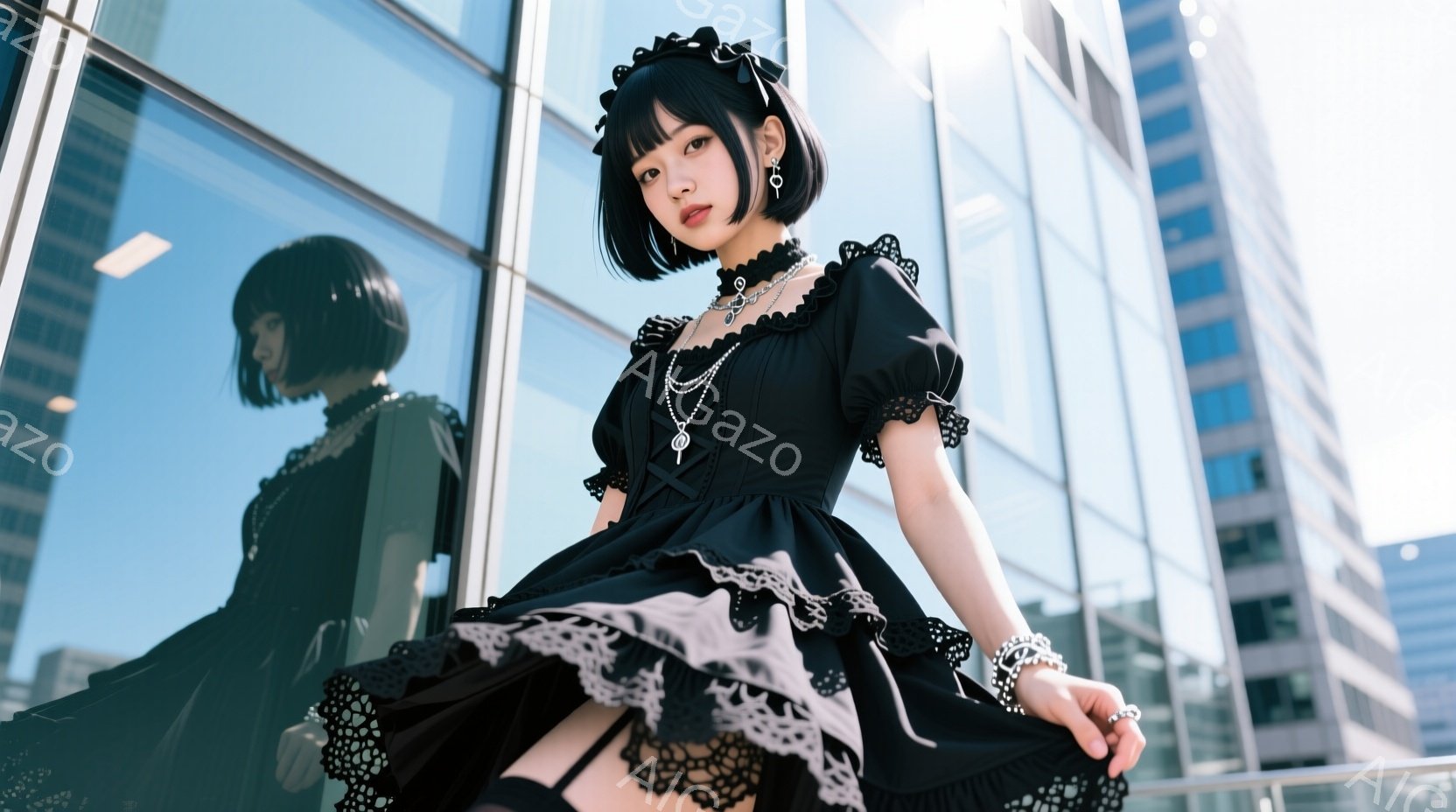 黒いロリータ風のドレスを着た若い女性が写っている。ドレスはフリルやレースが施され、首にはチョーカー、手にはブレスレットが輝いている。背景には高層ビルがそびえ立ち、晴天の下で女性はドレスの裾を持ち上げ、少し上目遣いでカメラを見つめている。