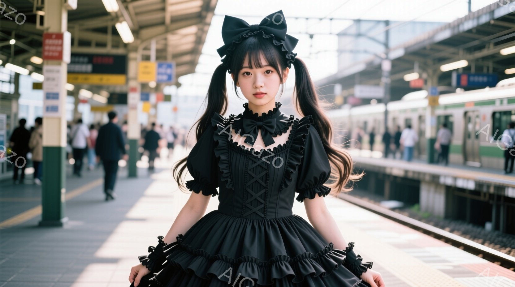黒いフリルが幾重にも重なったゴシックロリータ風のワンピースを着た若い女性が、駅のプラットフォームでポーズをとっています。彼女は髪をツインテールにし、少し無表情な表情をしています。背景には、電車や他の人々がぼやけて写っており、晴れた日の賑やかな駅の雰囲気が伝わってきます。