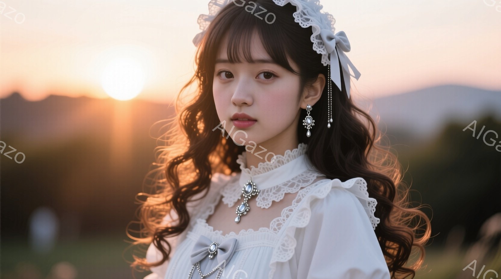 長い巻き髪に白いレースのヘッドドレスとイヤリングをつけた女性が、白いフリル付きのドレスを着ています。彼女は少し微笑んでおり、穏やかで優雅な表情をしています。背景には夕焼けが広がり、緑豊かな丘陵地帯がぼんやりと見え、全体的にロマンチックで夢幻的な雰囲気を醸し出しています。