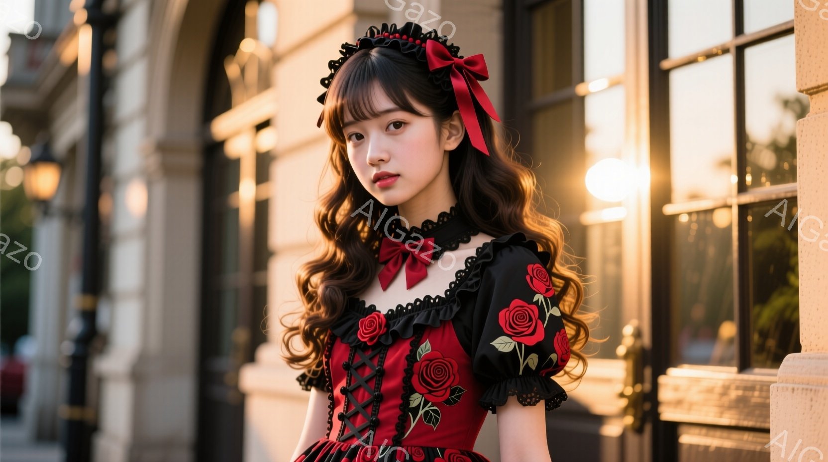 黒と赤のバラ柄のロリータ風ワンピースを着た若い女性が写っている。彼女はウェーブのかかった髪を飾り付きの赤いリボンで結い、少し微笑んでいる。背景には、夕暮れ時の建物と街路があり、暖かくロマンチックな雰囲 - AI生成フリー素材