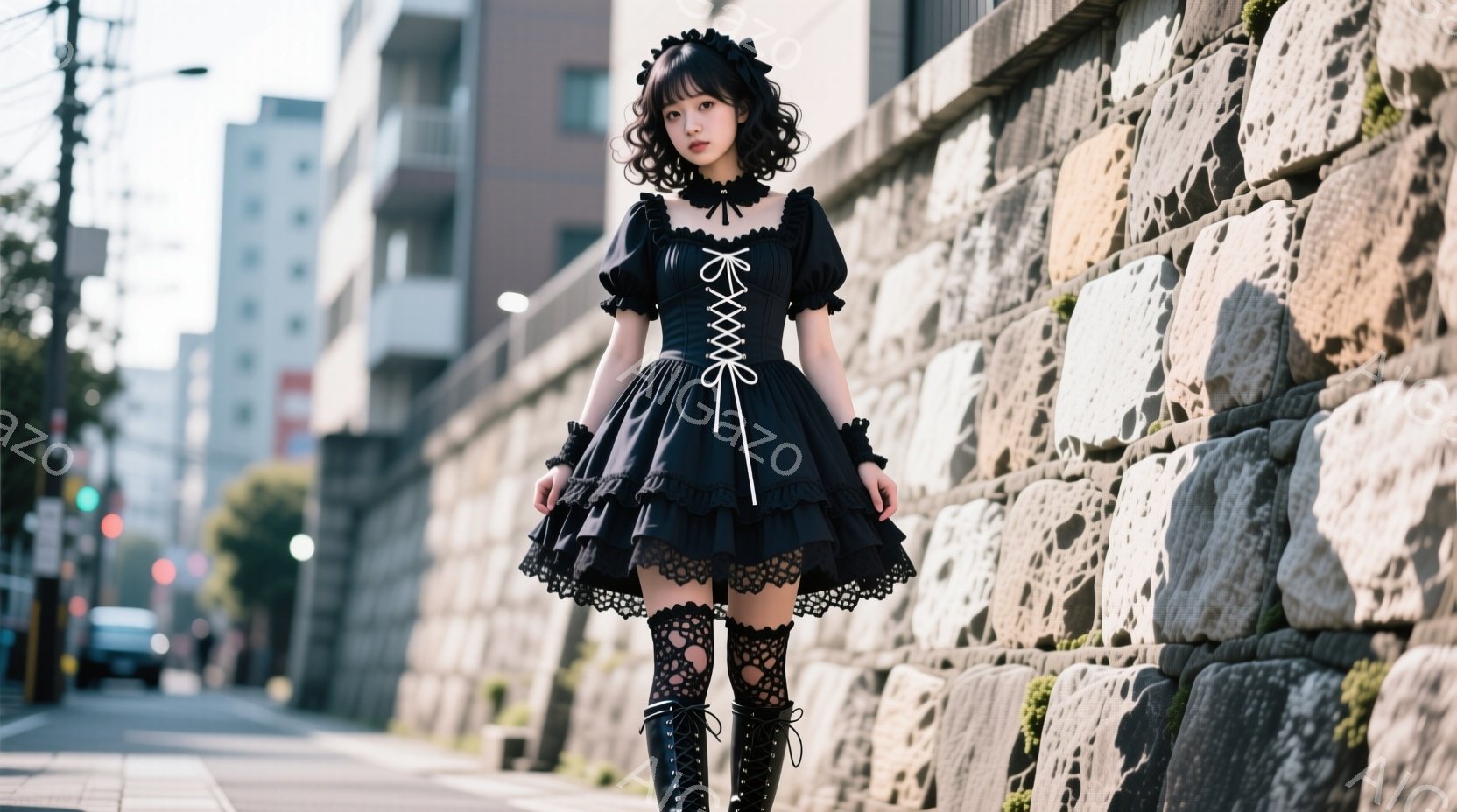 黒いゴシックロリータファッションを着た女性が写っている。彼女はフリルとレースの装飾が施された黒いドレス、膝丈の編み上げブーツ、網タイツを身に着けており、髪は巻いて黒いリボンで飾られている。背景には石造りの壁と都市の風景があり、日差しが差し込み、やや陰影のある雰囲気を作り出している。