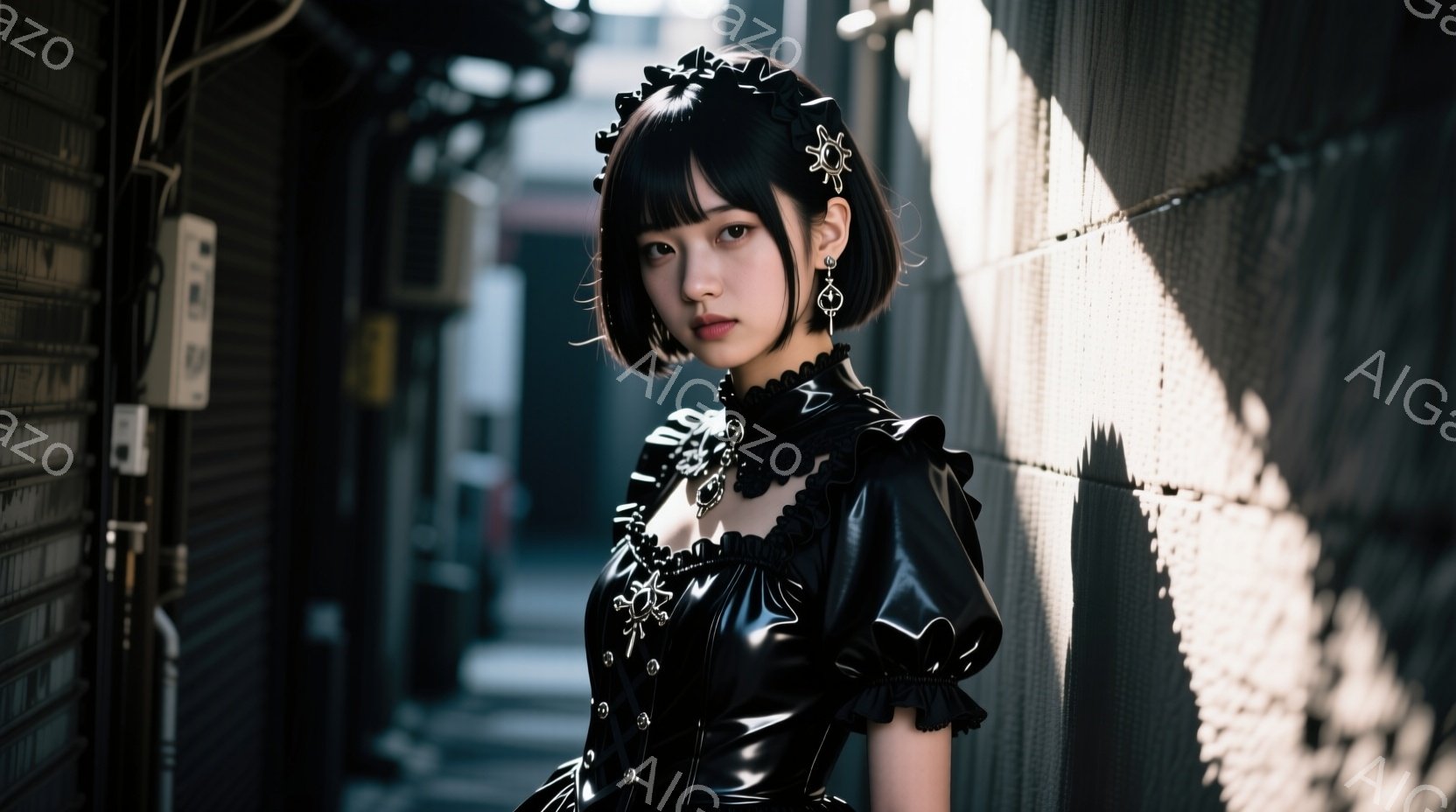 黒いゴシックロリータ風の衣装を身に着けた女性が、狭い路地でカメラに向かって立っている。彼女は黒いボブヘアに、胸元とウエストに装飾が施された光沢のある黒いドレスを着ており、表情は少し冷たく、どこか憂いを帯びている。背景はコンクリートの壁で、日の光が差し込み、影を作り出しており、全体的にミステリアスでドラマチックな雰囲気を醸し出している。