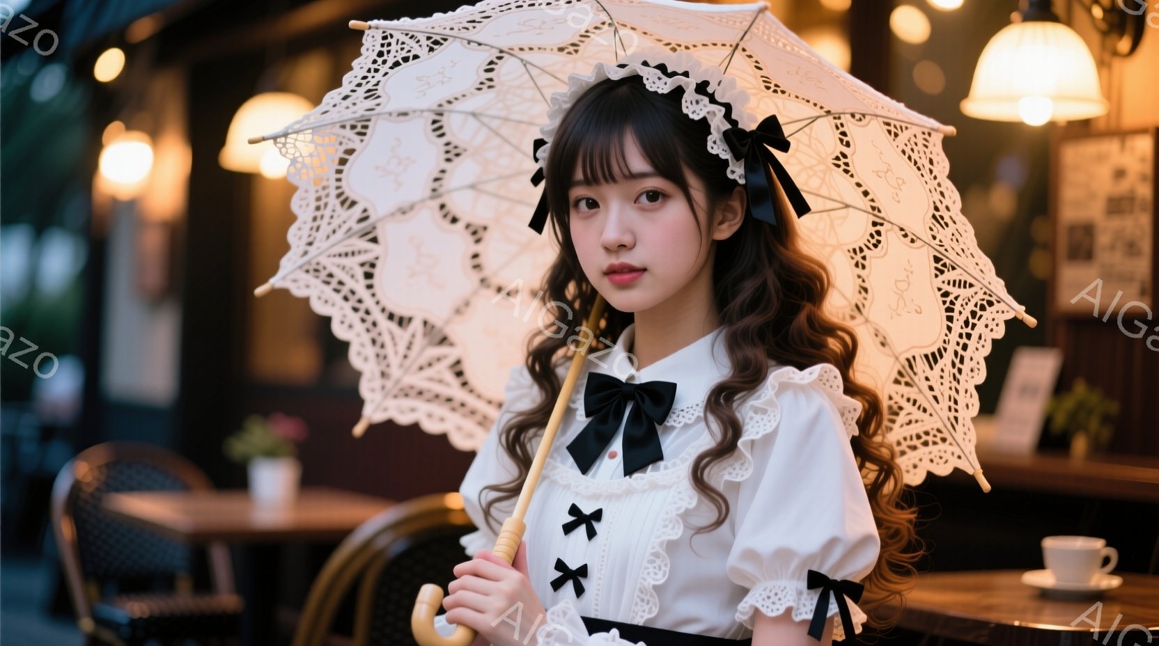 画像には、白いレースの傘を持った若い女性が写っています。彼女はフリルのついた白いブラウスと黒いリボンがアクセントのスカートを着ており、髪はカールして左右に分けています。背景にはカフェのテラス席があり、暖かい光が灯っており、ロマンチックで優しい雰囲気が漂っています。