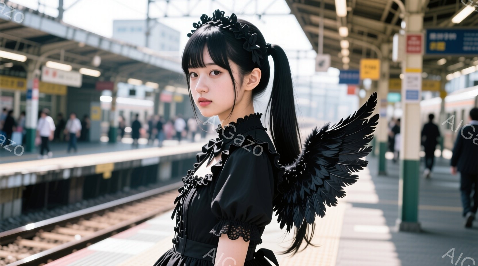 黒いゴシック風のドレスを着た若い女性が、駅のプラットフォームでポーズを取っています。彼女は黒髪をポニーテールにし、片側に大きな黒い羽根のアクセサリーをつけています。背景には、多くの人が歩くプラットフォーム、線路、そして晴天の空が見え、全体的に幻想的で少し物憂げな雰囲気が漂っています。