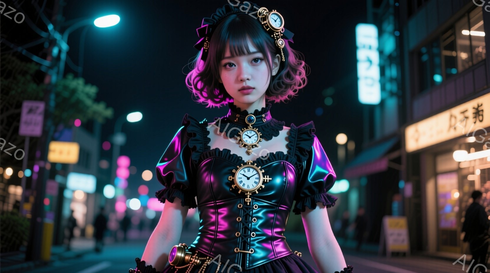 画像は、夜の街で、複雑なコルセットとフリルをあしらったゴシックロリータ風の衣装を着た若い女性を描いています。彼女は、髪を巻いて飾りを付け、自信に満ちた表情で正面を見据えています。背景には、ネオンサインが輝く建物がぼやけ、雨上がりのアスファルトが光を反射し、幻想的な雰囲気を醸し出しています。