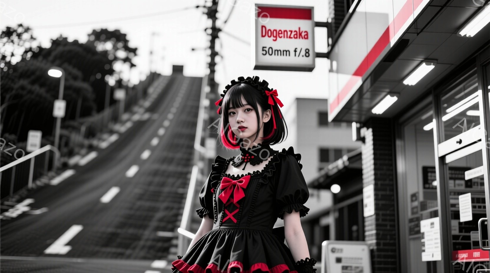 黒いメイド風のドレスを着た若い女性が、急な坂道の前に立っている。彼女は黒いリボンとフリルが付いたドレスを着ており、赤いアクセントが印象的だ。背景には建物や緑があり、光と影が混ざり合い、どこか幻想的な雰囲気を醸し出している。