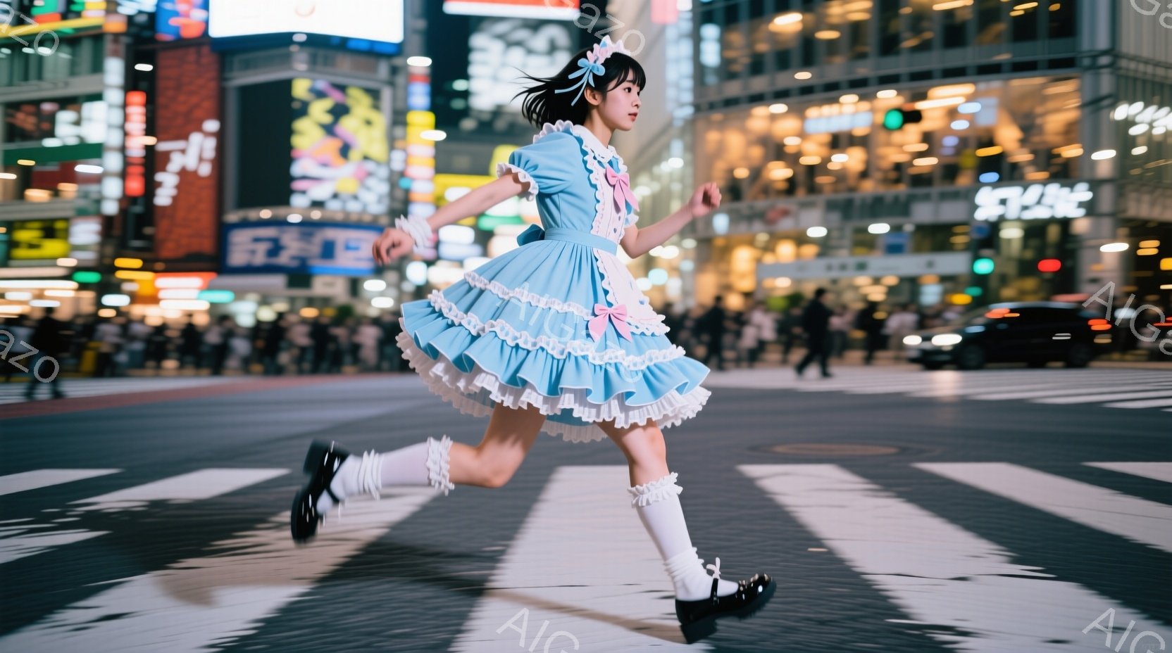 鮮やかな水色のフリルドレスを着た若い女性が、渋谷のスクランブル交差点で走り抜けている。髪はリボンで結ばれ、足元には膝丈の白い靴下と黒い靴を履いている。背景には、ネオンが輝く高層ビル群と多くの歩行者がぼやけて写り込み、躍動感と都会の喧騒が伝わってくる。