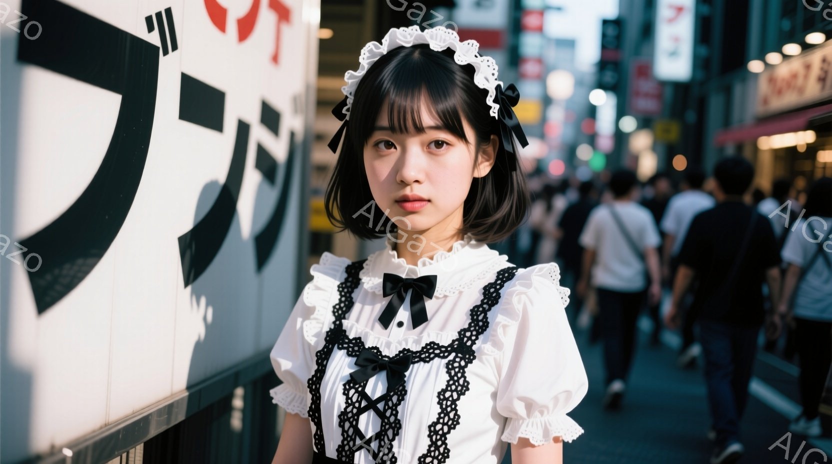 画像は、メイド服を着た若い女性が写っている。彼女は黒いリボンとフリルが特徴の白いワンピースを着ており、頭にはメイド風のヘッドドレスを付けている。背景は賑やかな街並みで、多くの人が歩いているのが見える。 - AI生成フリー素材