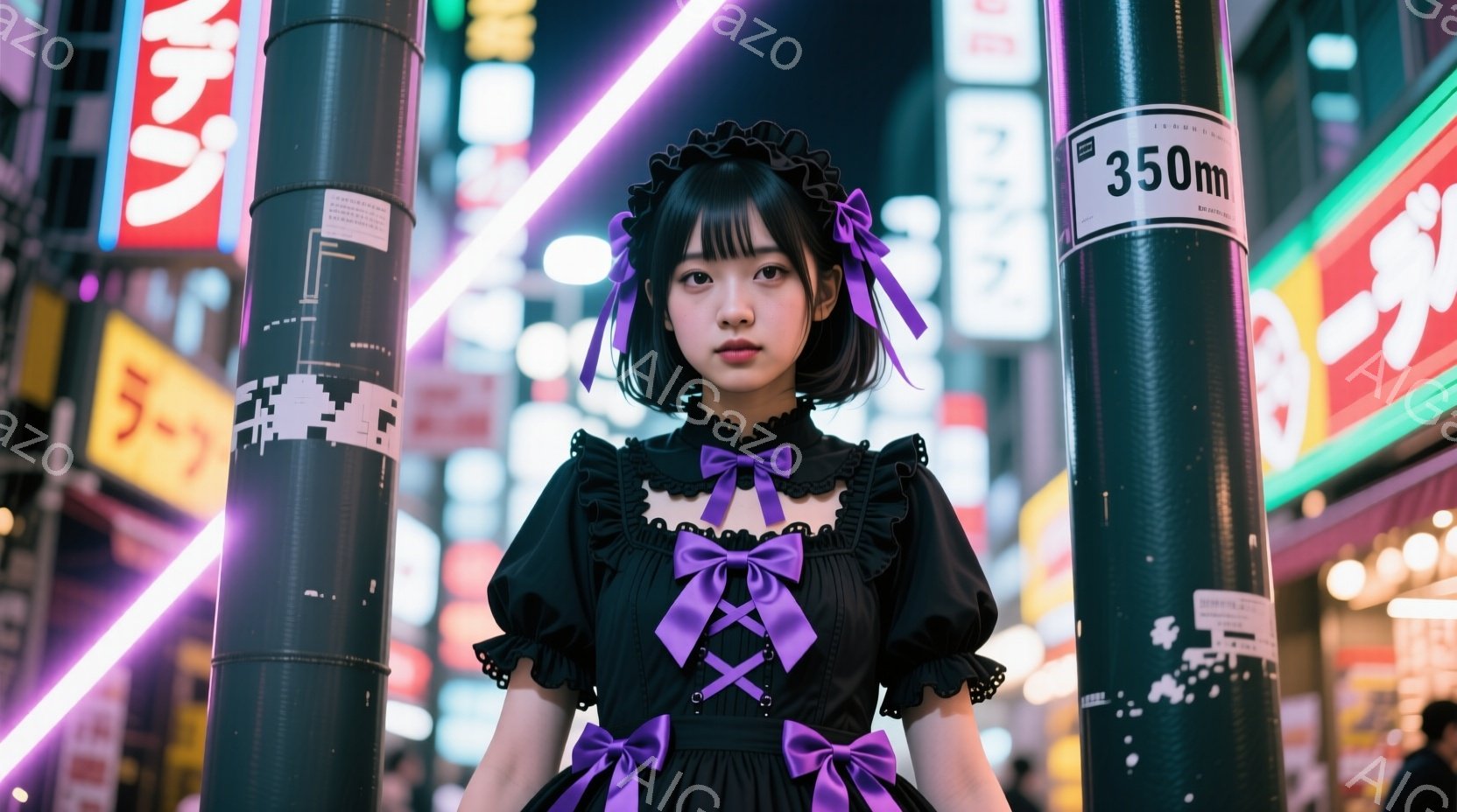 画像は、黒と紫のロリータファッションを着た若い女性が写っています。彼女は肩出しの黒いブラウスに、紫のリボンとフリルが特徴的なスカートを着用し、黒髪を三つ編みにし、前髪を揃えています。背景は賑やかな夜の - AI生成フリー素材