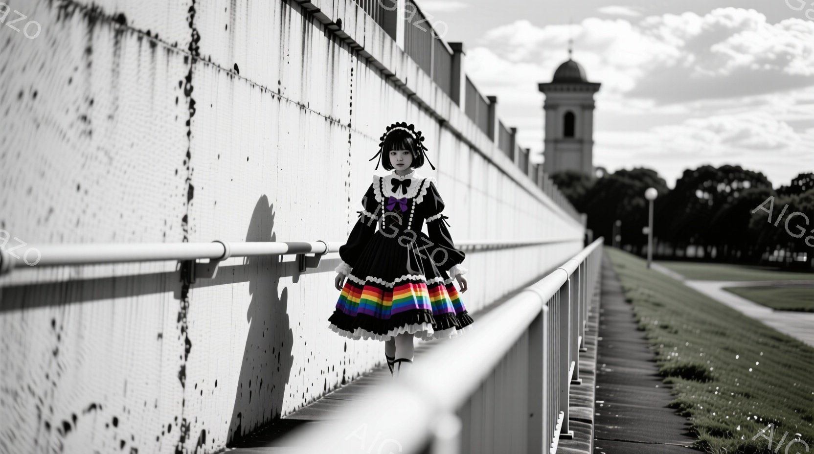 黒いゴシックロリータ風のドレスを着た少女が、白い手すり付きの歩道に立っている。ドレスは黒を基調とし、虹色のフレアスカートが特徴的で、髪は黒く、前髪ぱっつん、大きなリボンをつけている。背景には緑の芝生と、遠くに見える塔のような建物があり、天気は晴れで、全体的に少し影のある、物静かな雰囲気が漂っている。