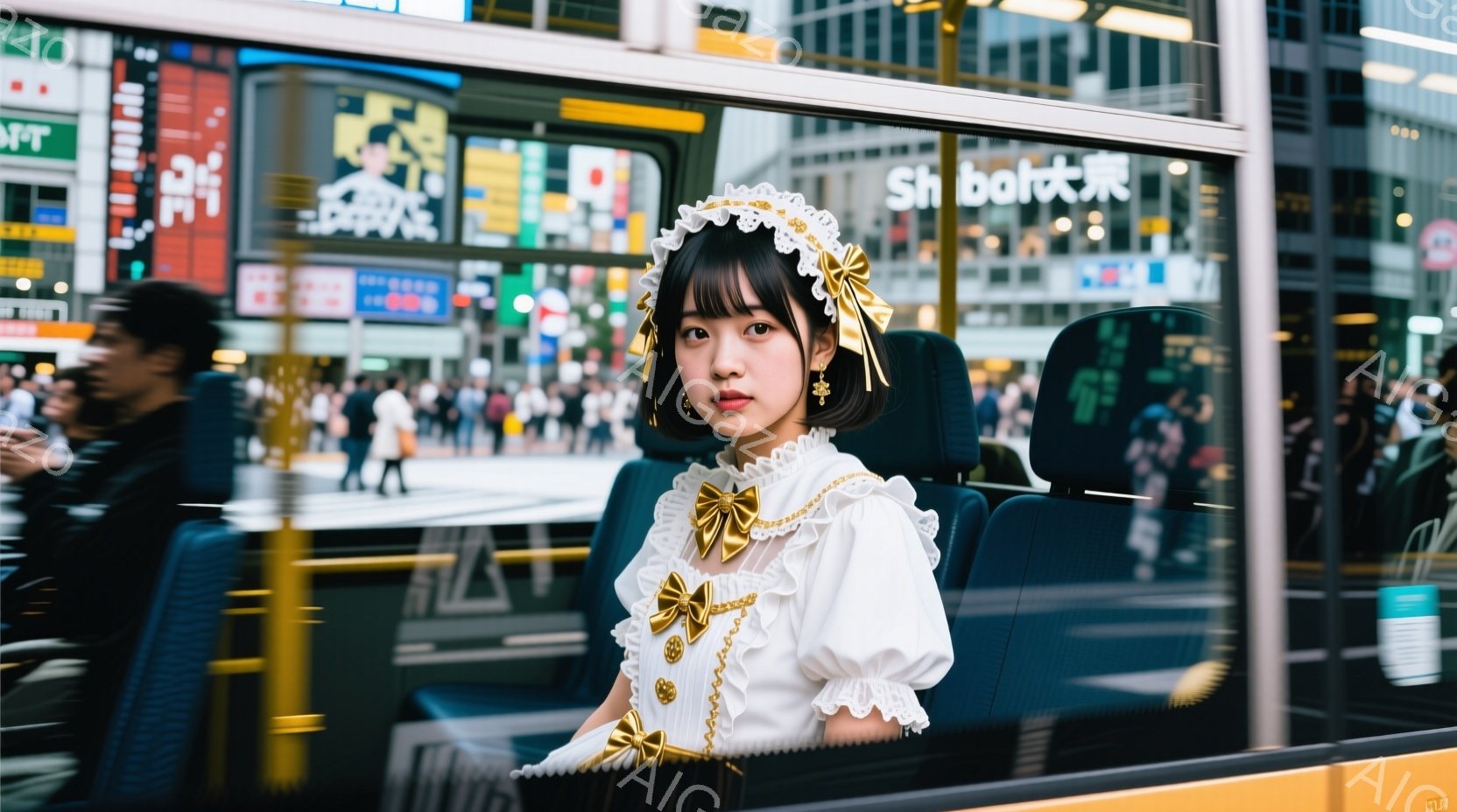 画像には、バスの窓から外を眺める若い女性が写っています。彼女は白いフリル付きのブラウスとスカートを身に着け、金色のリボンとアクセサリーが印象的です。背景には賑やかな街並みがぼやけて見え、全体的に夢幻的で少しノスタルジックな雰囲気です。