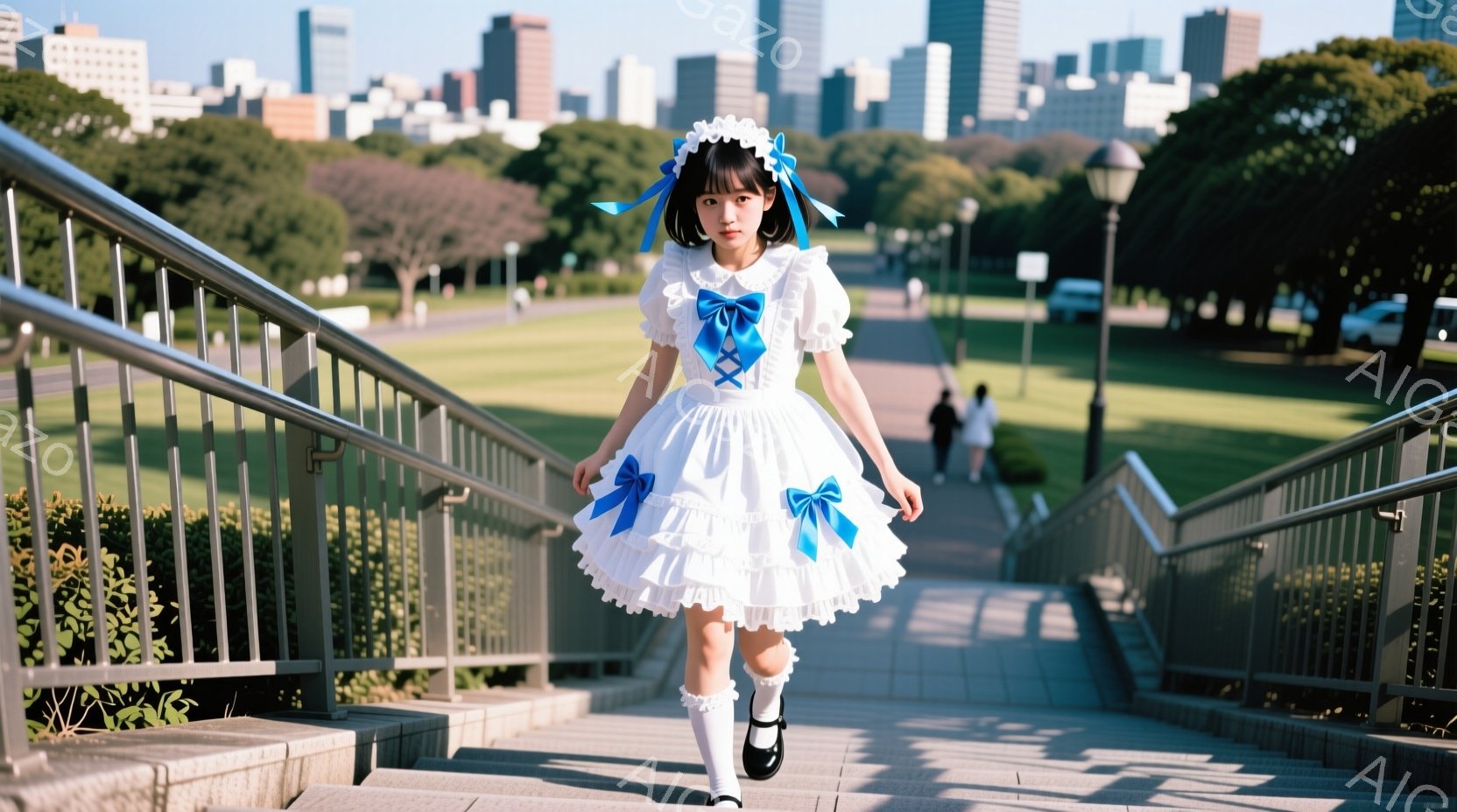 少女は白いフリルのついたワンピースを着て、水色のリボンがアクセントになっています。彼女は黒い靴下と靴を履き、髪はツインテールで、少し恥ずかしそうな表情をしています。背景には緑豊かな公園と高層ビルが広が - AI生成フリー素材