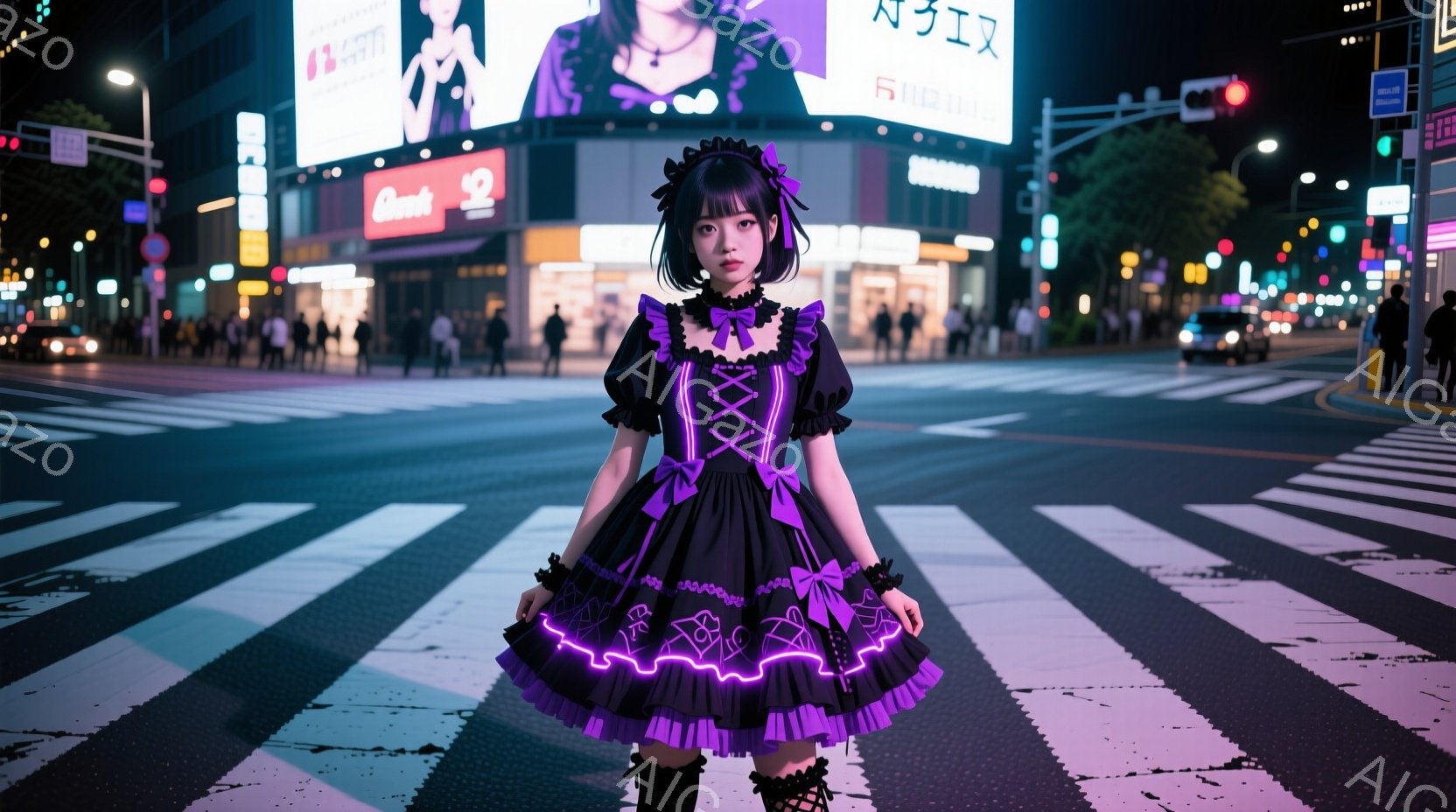 黒いフリルミニドレスを着た若い女性が、夜の渋谷のスクランブル交差点に立っている。ドレスは紫色のアクセントがあり、ゴシックロリータ風のスタイルだ。彼女は自信に満ちた表情でカメラを見つめ、片手を腰に当ててポーズをとっている。