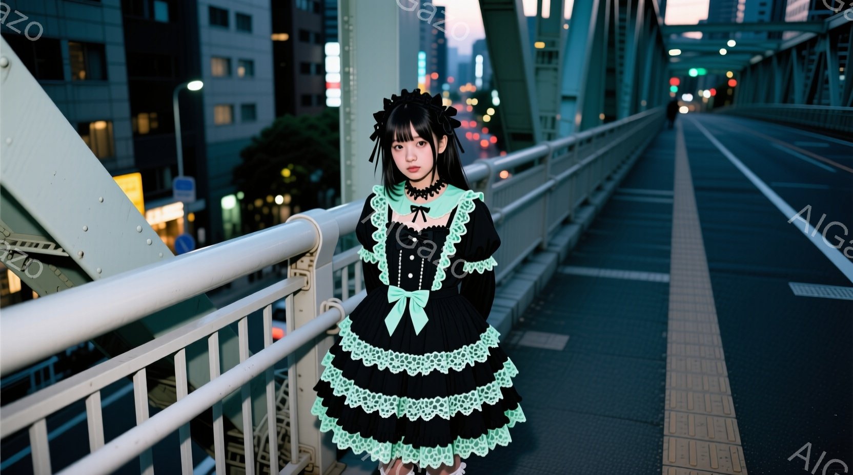 黒とミントグリーンのフリルが特徴的なワンピースを着た女性が、橋の上に立っている。彼女は長い黒髪を整え、少し物憂げな表情で前方を見つめている。背景には夜の街並みが広がり、薄暗い空と街灯が幻想的な雰囲気を - AI生成フリー素材