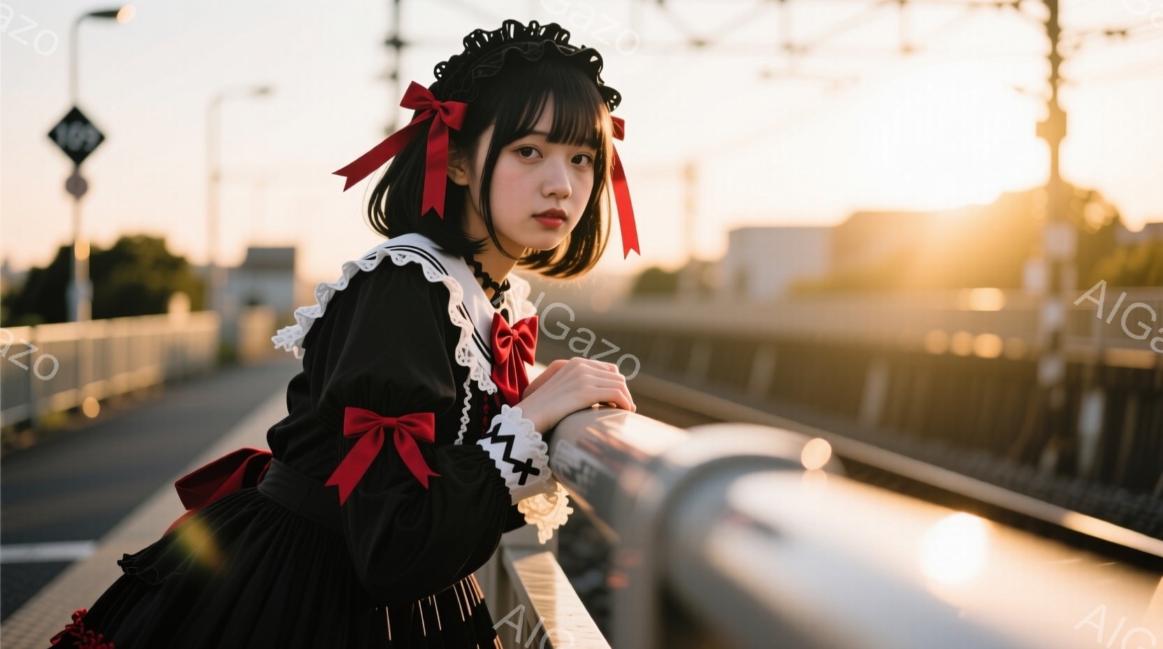 黒いメイド服を着た若い女性が、鉄道のプラットフォームの柵にもたれて立っている。彼女は赤いリボンで飾られた、フリルとレースがあしらわれた衣装を身に着け、髪は短く切り揃えられ、前髪が目にかかっている。背景は夕焼け空と、遠くに見える建物や線路で、全体的にノスタルジックで少し物憂げな雰囲気を醸し出している。