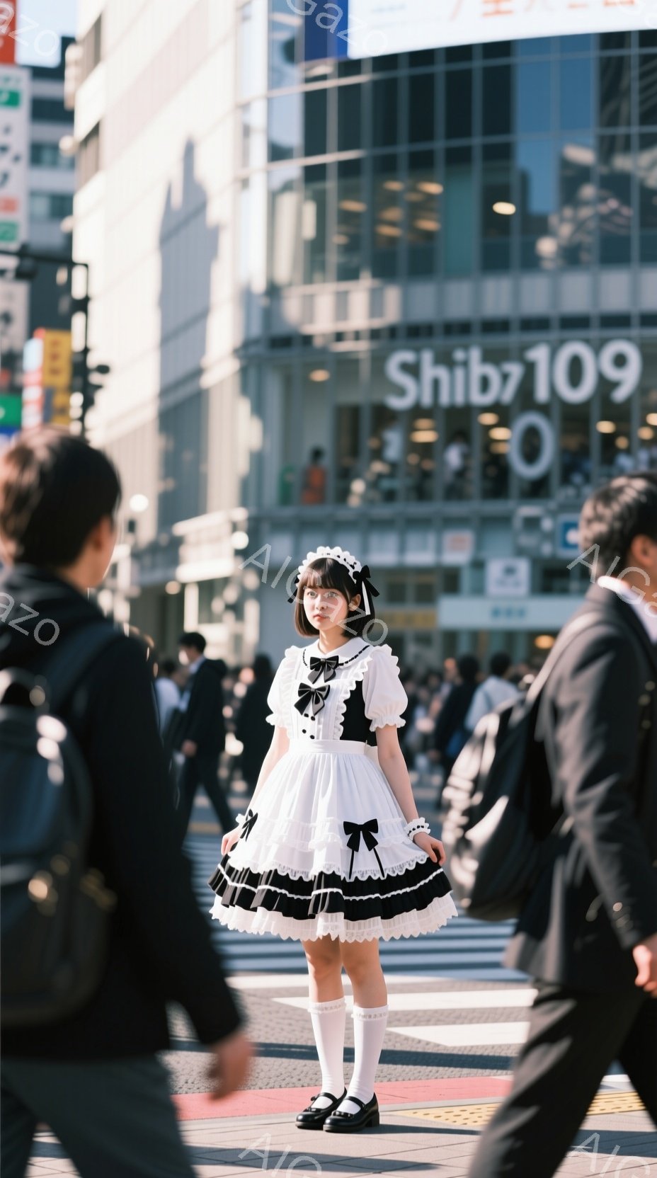 白いフリルのワンピースを着た若い女性が、黒い靴と白いハイソックスを履いて、横断歩道に立っています。彼女はヘッドドレスをつけており、少し恥ずかしそうな表情をしています。背景には賑やかな街並みと高層ビルが見え、晴れた日の活気ある雰囲気が漂っています。