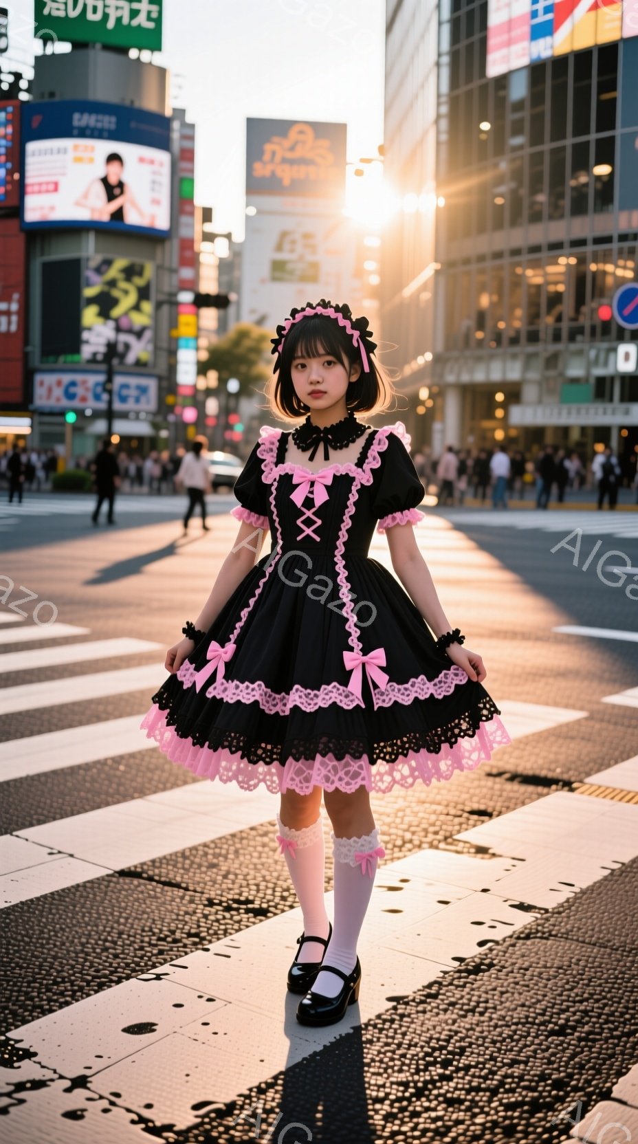 鮮やかなピンクと黒のロリータファッションを着た若い女性が、東京の賑やかなスクランブル交差点の真ん中でポーズをとっています。彼女は、フリルとリボンが特徴の可愛らしいドレス、膝丈の靴下、黒いメリージェーンシューズを身に着け、髪はピンクのリボンで飾られたポニーテールに結ばれています。背景には高層ビルが立ち並び、夕日の光が差し込み、華やかで少しノスタルジックな雰囲気を醸し出しています。