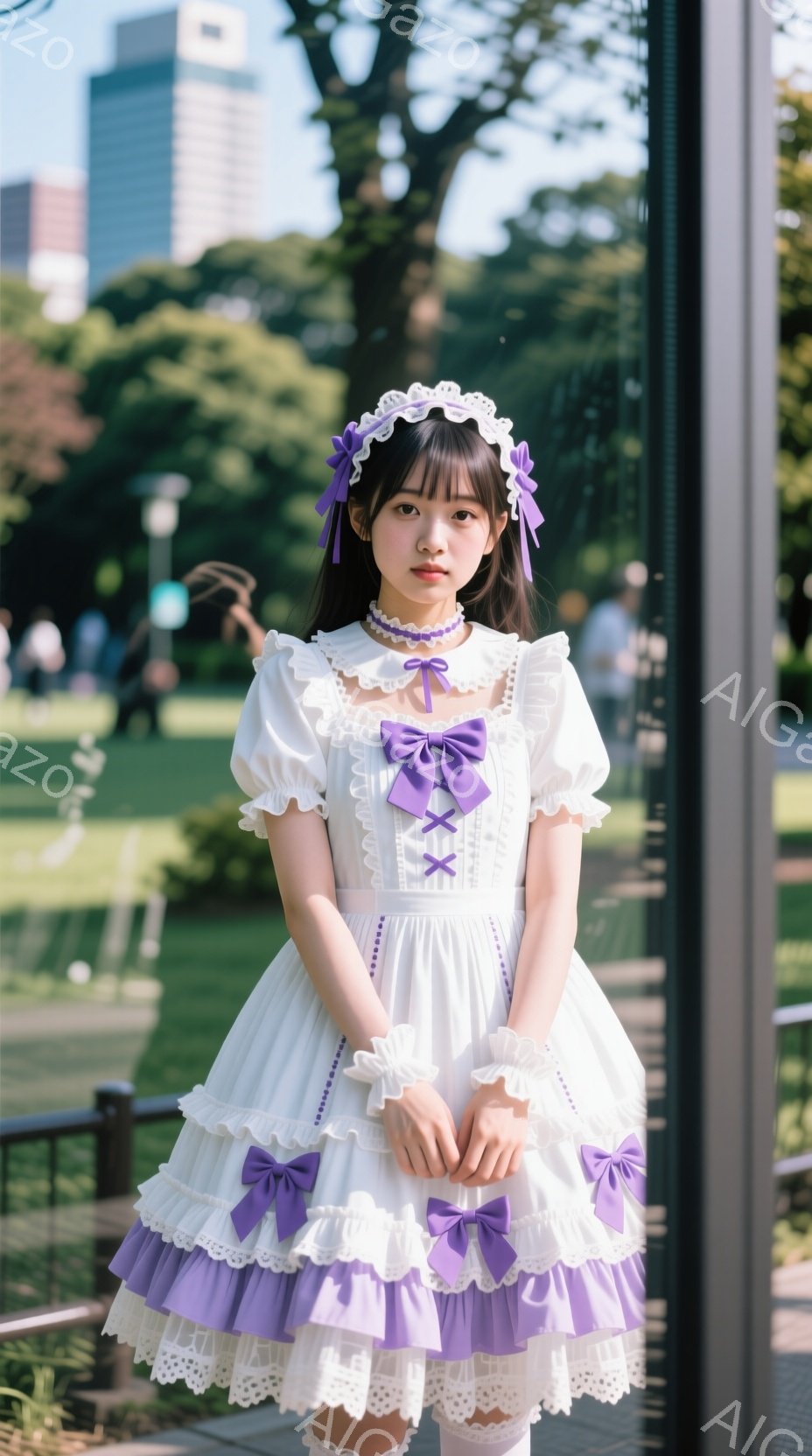 白いフリルとリボンが特徴的なロリータファッションの女性が立っています。彼女は肩まで伸びた黒髪に、紫のリボンをつけたヘアアクセサリーと、同じ色のリボンで装飾されたワンピースを着ています。背景には緑豊かな - AI生成フリー素材