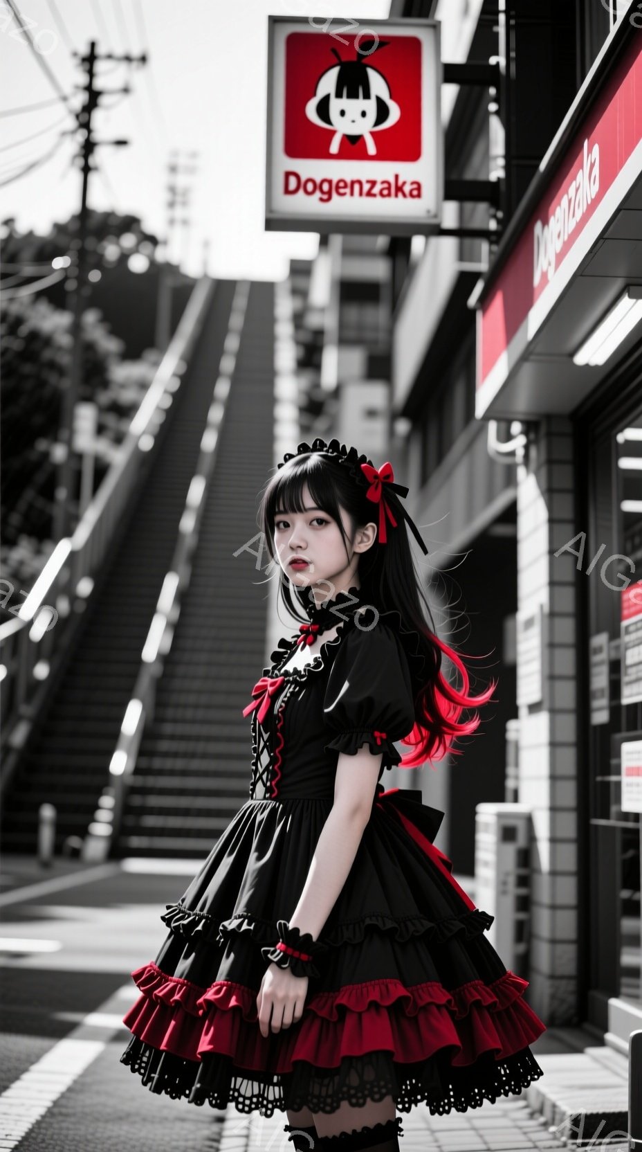 黒いフリルたっぷりのワンピースを着た若い女性が写っている。赤い髪の一部がワンピースと調和し、黒いリボンとヘッドドレスで髪を飾り、少し憂いを帯びた表情で正面を見ている。背景にはコンクリートの階段と、赤い看板が目に入り、都会の路地裏のような雰囲気が漂っている。