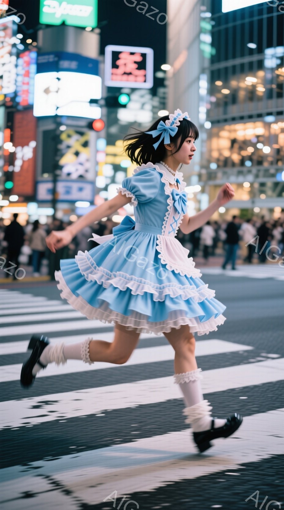 水色のフリルがいっぱいの可愛いワンピースを着た女性が、夜の街を力強く走り出している。彼女は髪をリボンで飾り、少し微笑んでいるように見える。背景にはネオンが輝く高層ビル群が広がり、雨上がりの濡れた路面に - AI生成フリー素材