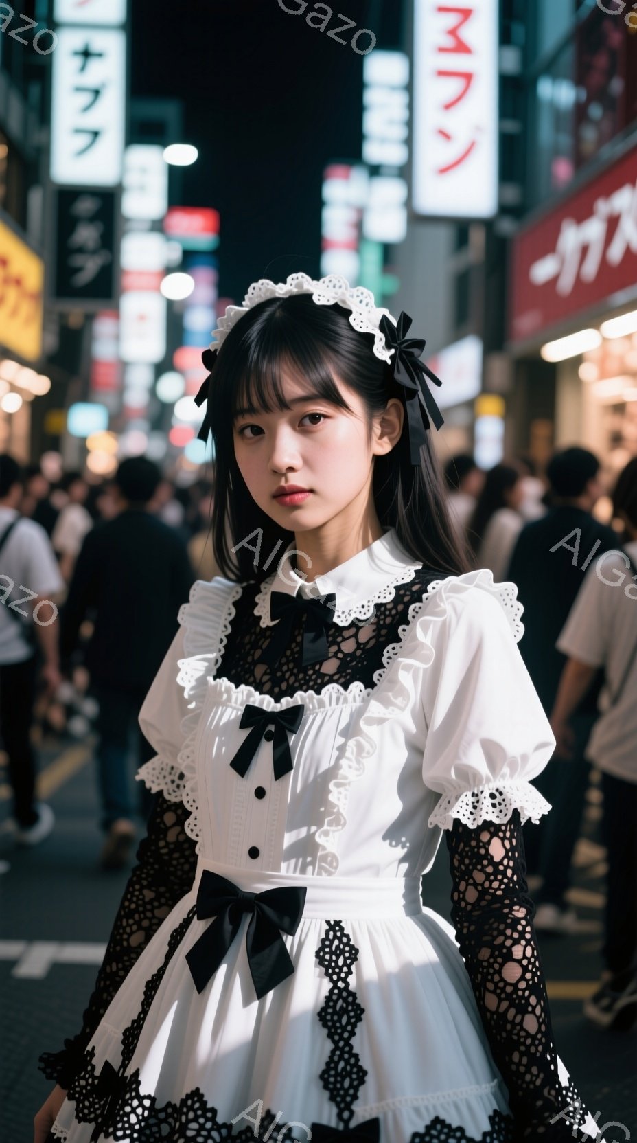 白いフリルとレースをあしらったメイド服を着た若い女性が写っている。黒いリボンがアクセントになっており、髪はダークカラーで、前髪が特徴的だ。背景には夜の街並みが見え、ネオンサインが灯っている。