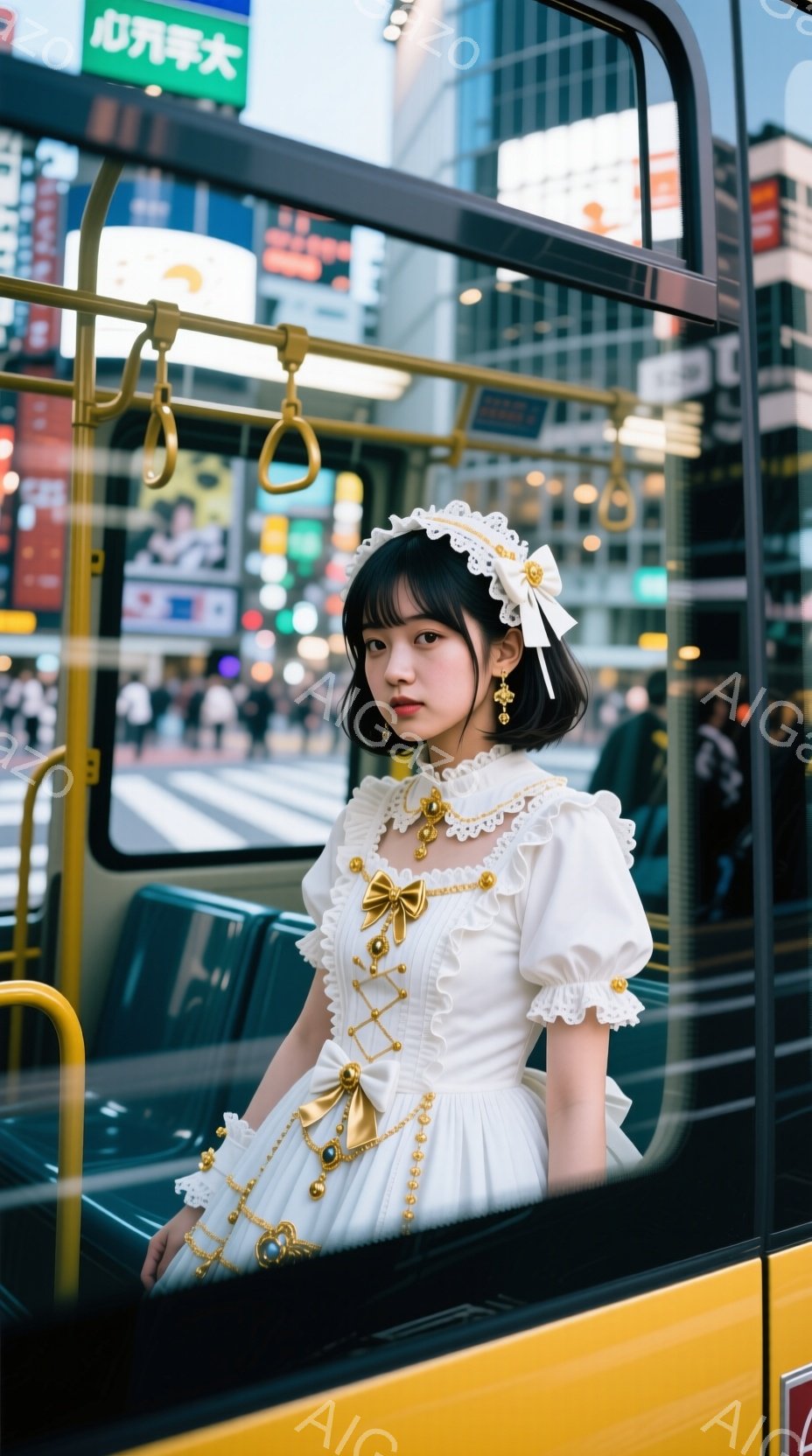 白いフリルのドレスを着た若い女性が、バスの車窓からこちらを見ている。ドレスには金色のリボンと装飾が施され、頭には白いリボンとフリルが特徴的なヘアアクセサリーをつけている。背景には、賑やかな都市の景色と交通標識が見え、彼女の表情は少し憂いを帯びている。