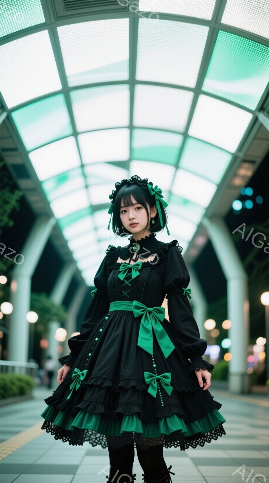 黒いフリルたっぷりのゴシックロリータ風のドレスを着た若い女性が写っている。彼女は黒い髪をツインテールにし、大きなリボンをつけている。背景は、緑色の光が差し込むアーケード街で、全体の雰囲気は少し幻想的で可愛らしい。