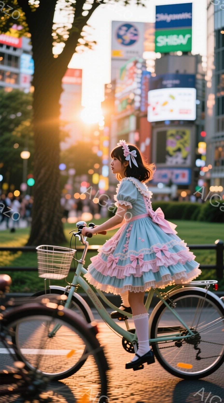 淡い水色のフリルたっぷりのワンピースを着た女性が、ミントグリーンの自転車に乗り、夕暮れ時の渋谷の街を走っている。彼女は白いニーハイソックスと黒いメリージェーンシューズを履き、髪はハーフアップにしてリボンをつけている。背景には高層ビル群と街灯がぼやけ、夕焼け空が暖かく、幻想的な雰囲気を醸し出している。