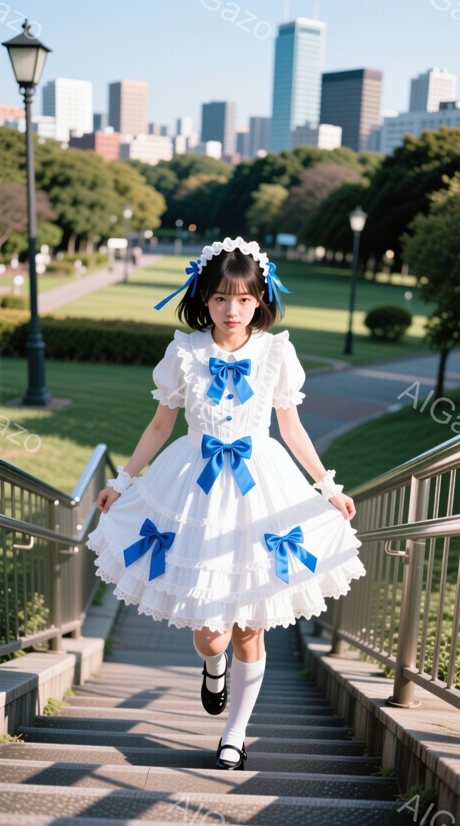 白いフリル付きのワンピースを着た少女が、階段を歩いている様子が写っている。ワンピースは水色のリボンで飾られており、白いソックスと黒い靴を履いている。背景には緑豊かな公園と高層ビル群が広がり、晴天の下、可愛らしい雰囲気が漂う。
