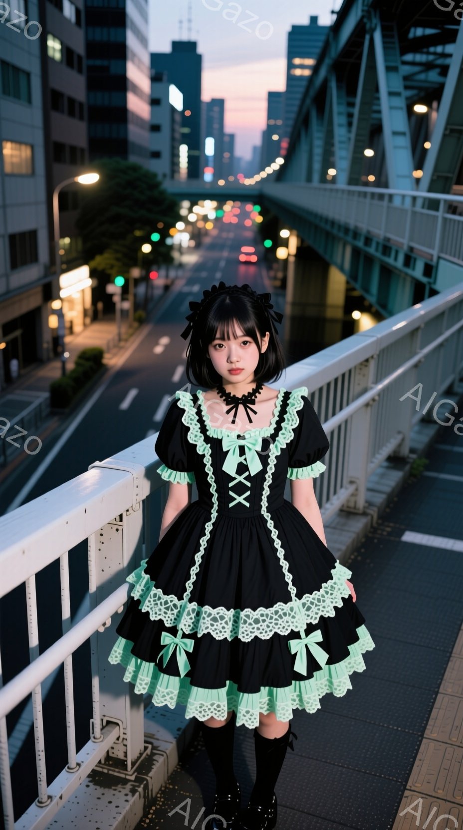 黒地にミントグリーンのフリルが印象的なワンピースを着た女性が、橋の上で正面を向いて立っている。ワンピースは胸元がコルセット風に編み上げられており、可愛らしいリボンがアクセントになっている。背景には夜景が広がり、少し寂しげな雰囲気が漂っている。