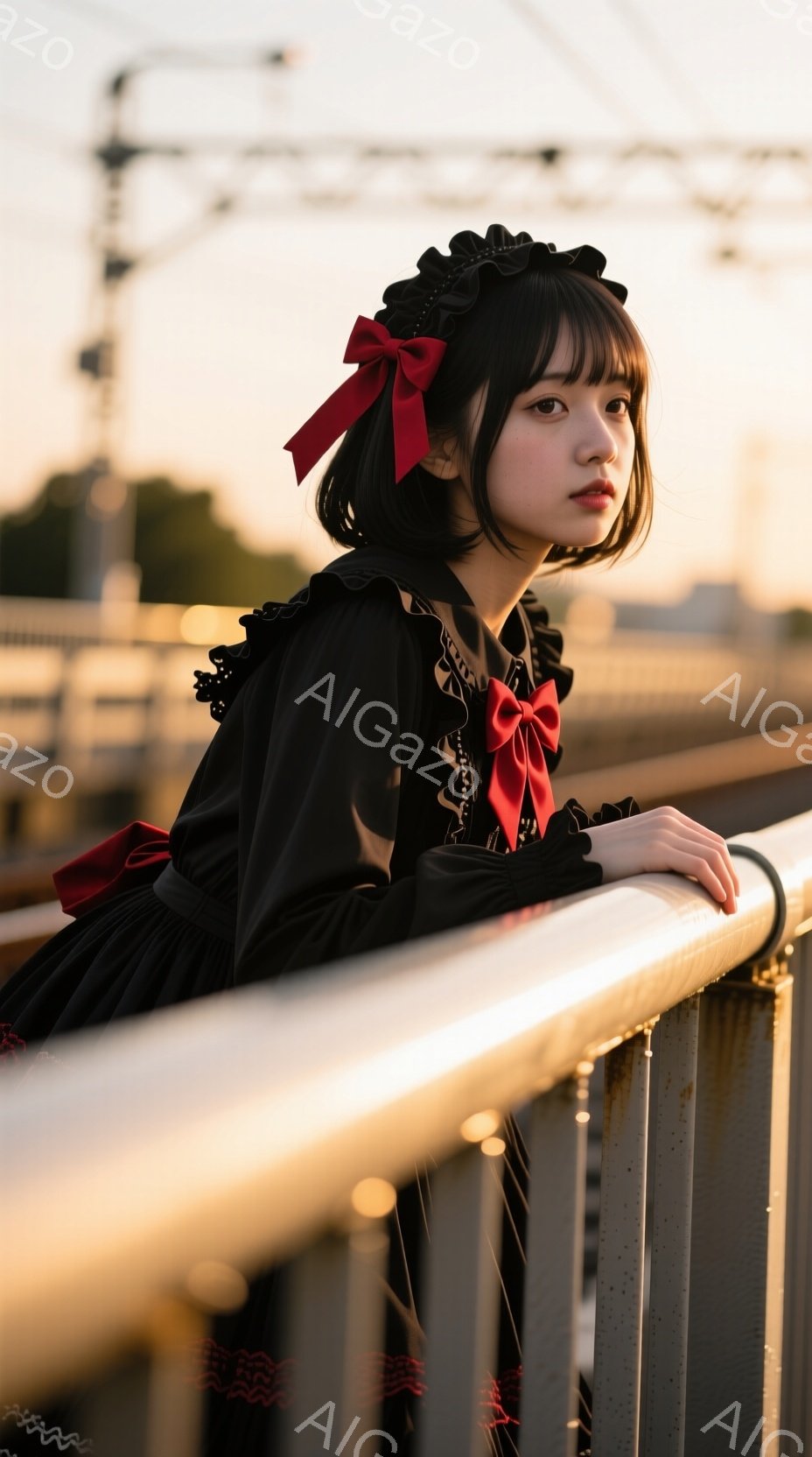 黒いフリルとリボンが特徴的なドレスを着た若い女性が、欄干に片手を添えて少し憂いを帯びた表情で遠くを見つめている。彼女は黒いボブヘアで、鮮やかな赤いリボンがアクセントになっている。背景には鉄道の高架線と - AI生成フリー素材