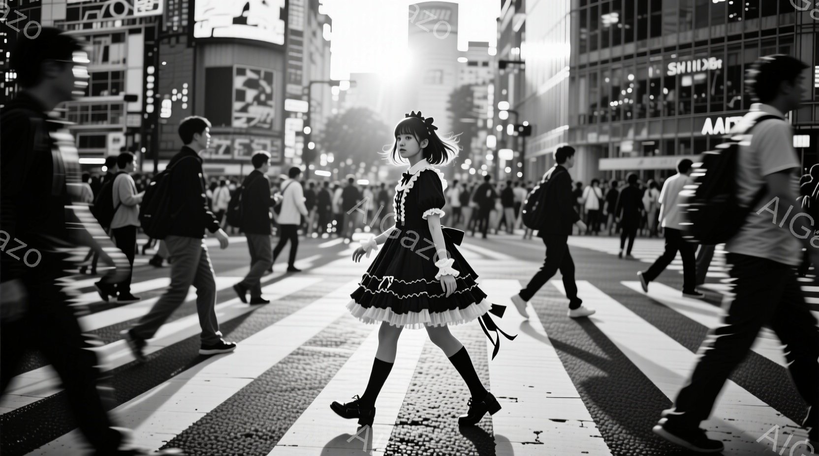白黒のストリート写真で、ゴシックロリータ風の女性が多くの歩行者の間で横断歩道を歩いている。彼女は黒いフリルのドレス、ニーハイソックス、靴を身に着け、髪はカールして頭の上に飾られている。背景には高層ビルが立ち並び、空は明るく、活気のある都市の雰囲気を醸し出している。