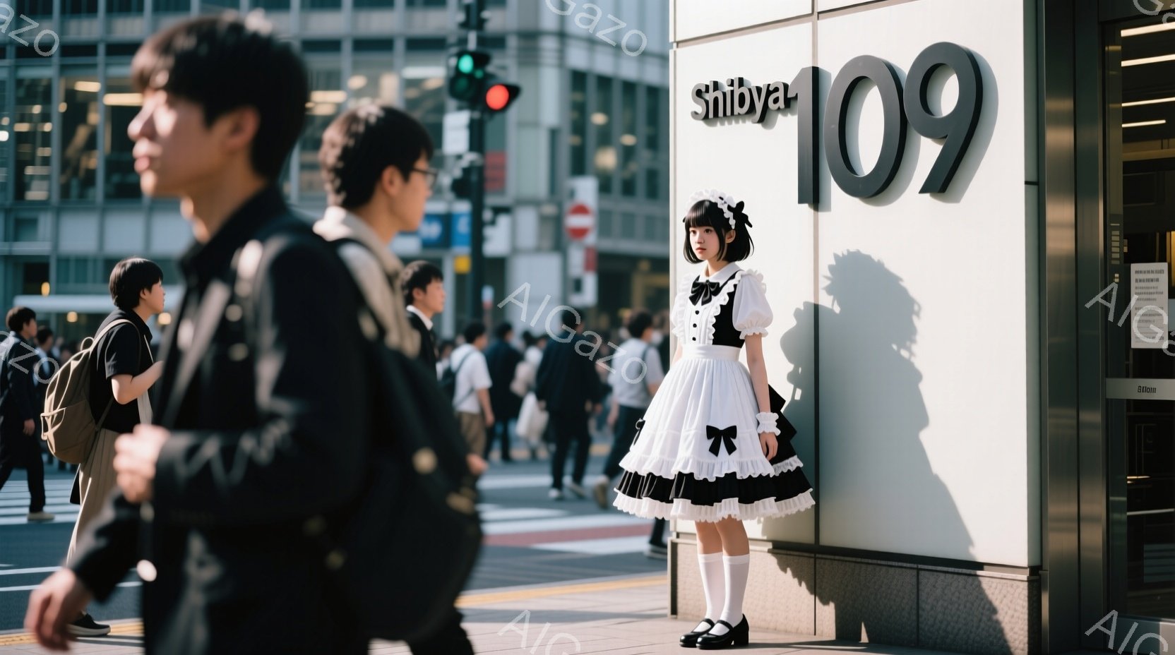 渋谷の交差点で、メイド服を着た若い女性が立っている。彼女は黒いリボンで髪を結い、白い膝丈のフリルスカートと黒い靴を履いている。背景には、多くの人が歩く横断歩道と、高層ビルが並ぶ近代的な街並みが広がり、 - AI生成フリー素材
