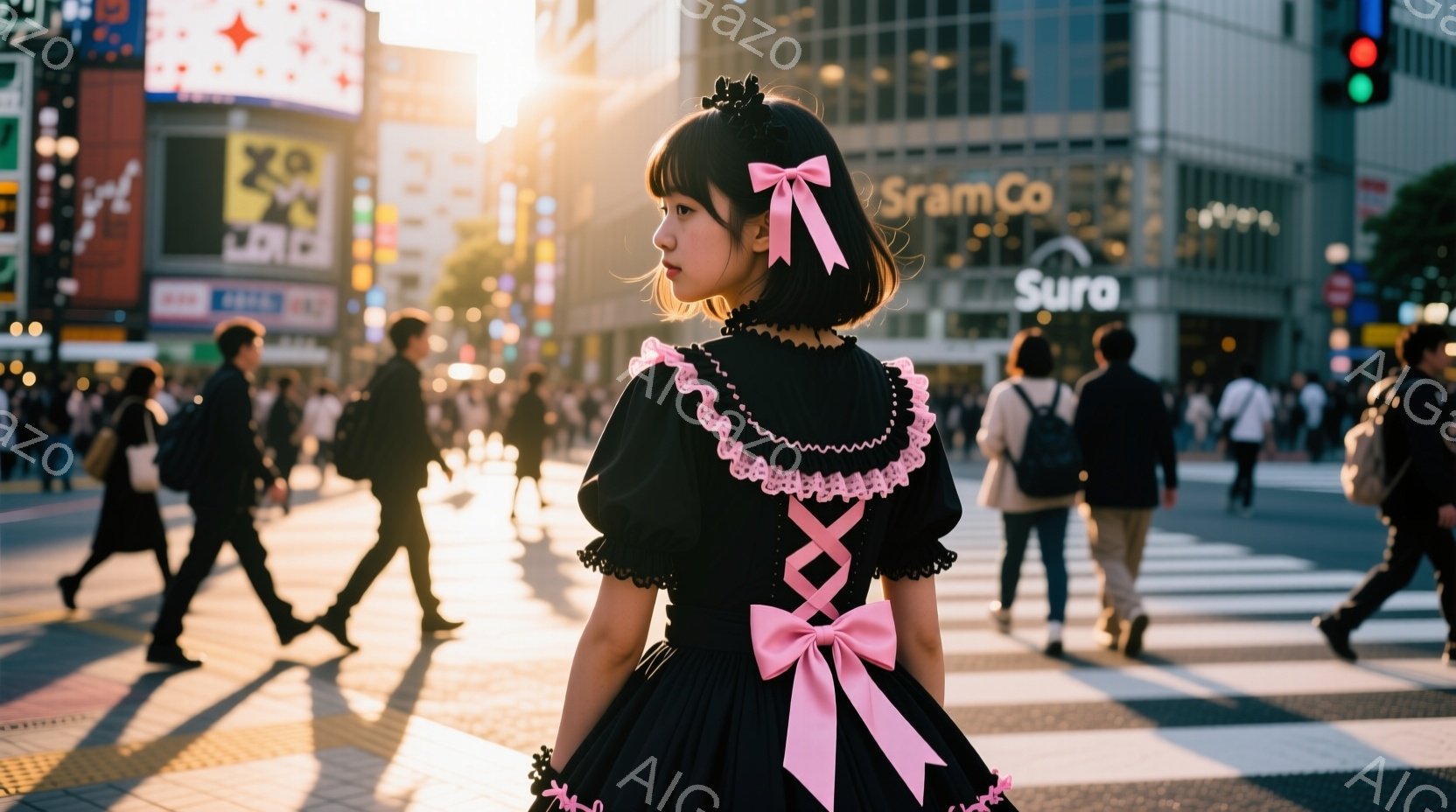 黒いワンピースを着た女性が、人混みの中を歩いている。ワンピースはフリルとリボンが特徴的で、可愛らしい印象を与える。背景には高層ビルが立ち並び、夕方の光が差し込み、賑やかで活気のある街の雰囲気を醸し出している。