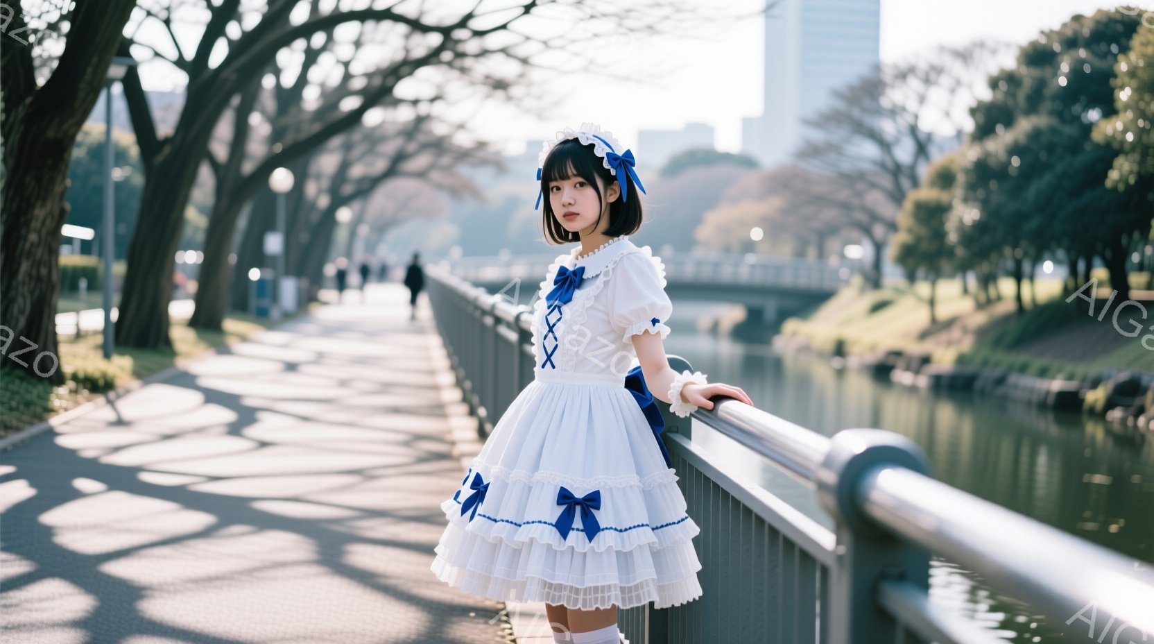 白いフリルドレスを着た若い女性が、川沿いの遊歩道に立っている。彼女は黒い髪をリボンで飾り、少し微笑んでいる。背景には木々が並び、穏やかな日差しが差し込み、春の暖かい雰囲気が漂っている。 - AI生成フリー素材