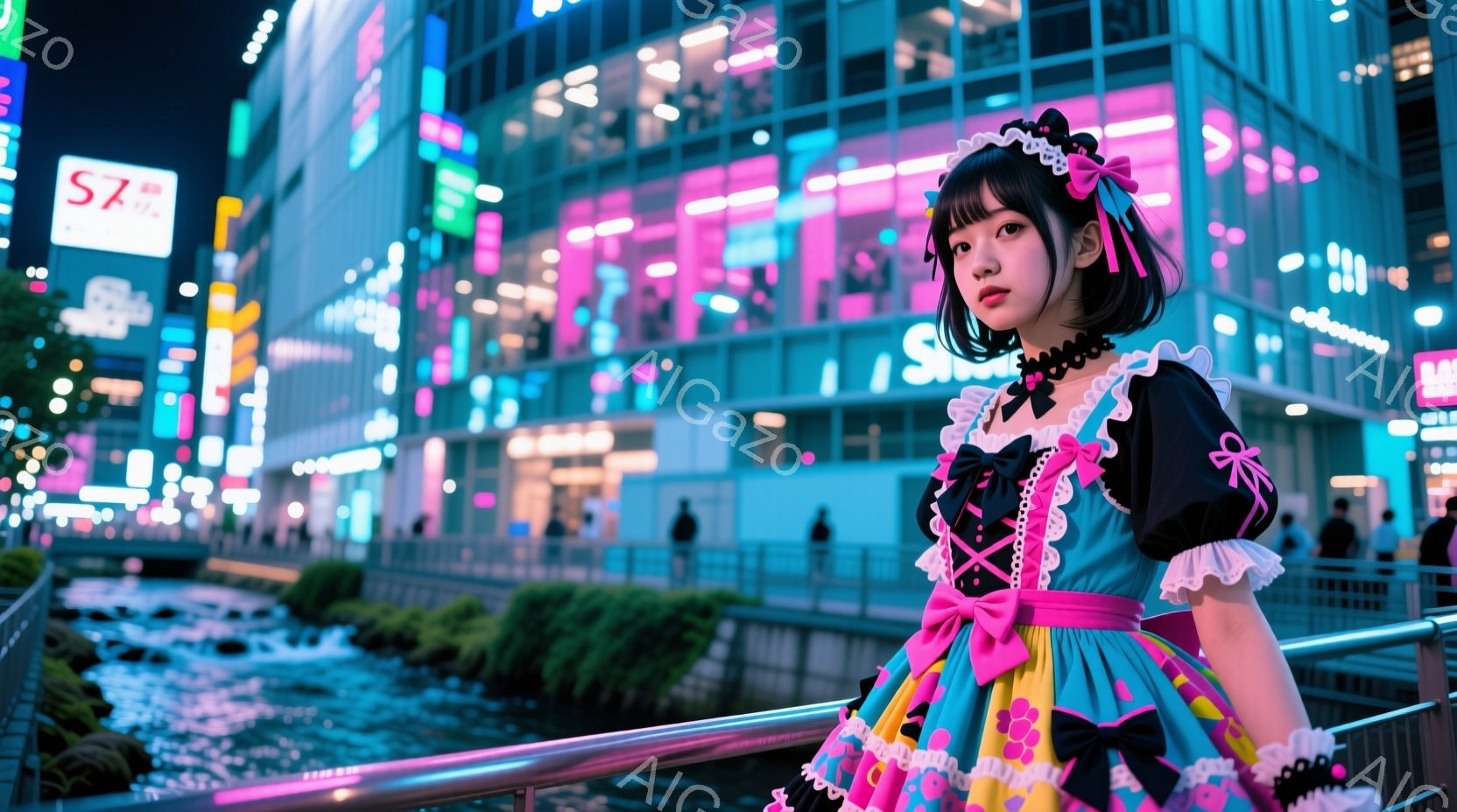 明るいピンクと水色のフリルのメイド風ドレスを着た若い女性が、夜の賑やかな街並みを背景に立っています。彼女はウェーブのかかった髪に大きなリボンをつけており、少し横を向いて物憂げな表情をしています。背景には、ネオンサインが輝く高層ビルと、水が流れる小川があり、全体的に幻想的で少し寂しげな雰囲気を醸し出しています。