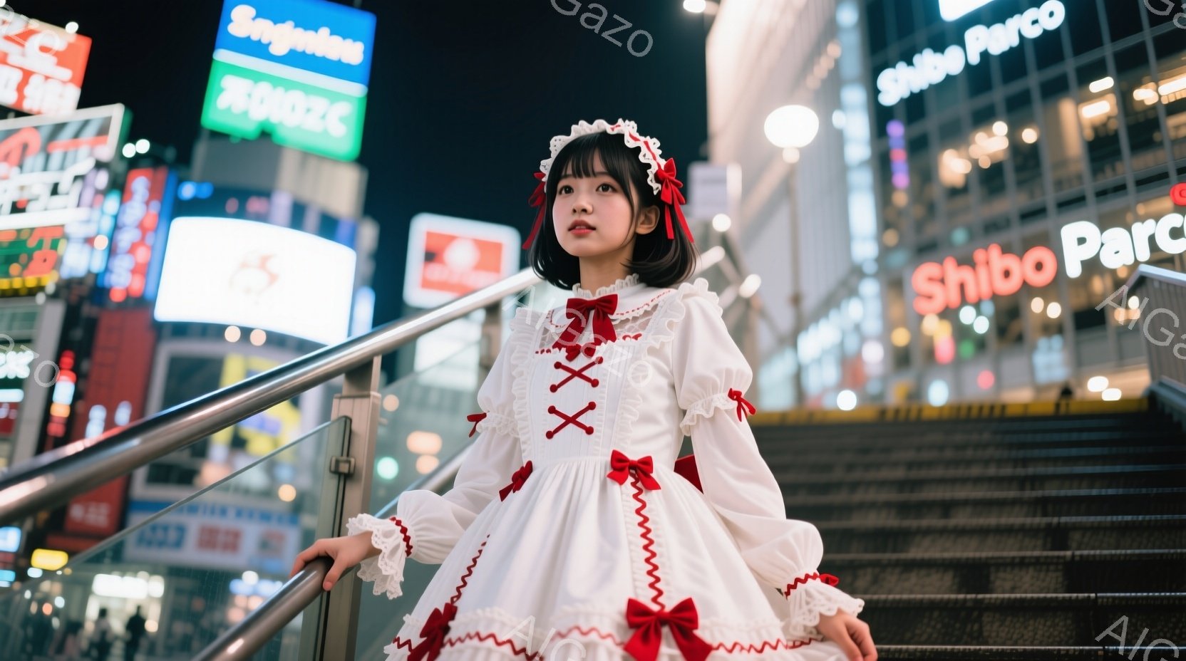 白いフリルとリボンをあしらったメイド風のドレスを着た若い女性が写っている。彼女は階段の手すりに寄りかかり、少し微笑んでカメラを見つめている。背景には渋谷の賑やかな夜景が広がり、ネオンサインと多くの人が - AI生成フリー素材