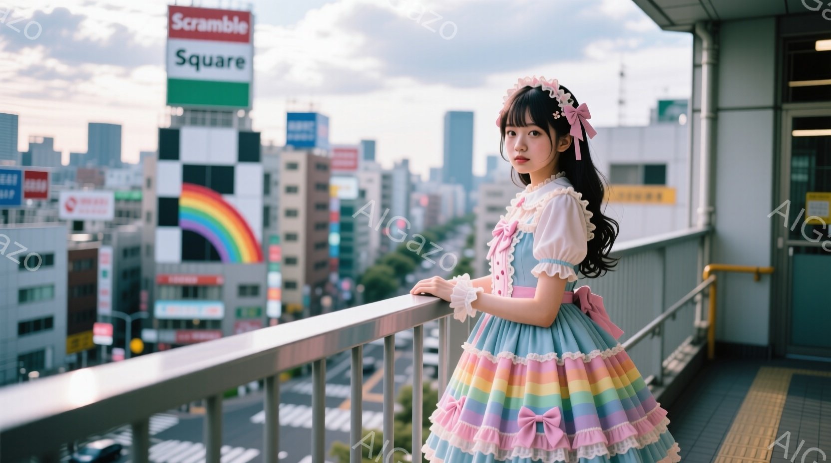 少女はカラフルなパステルカラーのフリルドレスを着ており、黒髪を二つに分けてリボンで飾ったヘアスタイルに整えられています。彼女は手すりに寄りかかり、少し微笑みながらこちらを見ています。背景には賑やかな都 - AI生成フリー素材