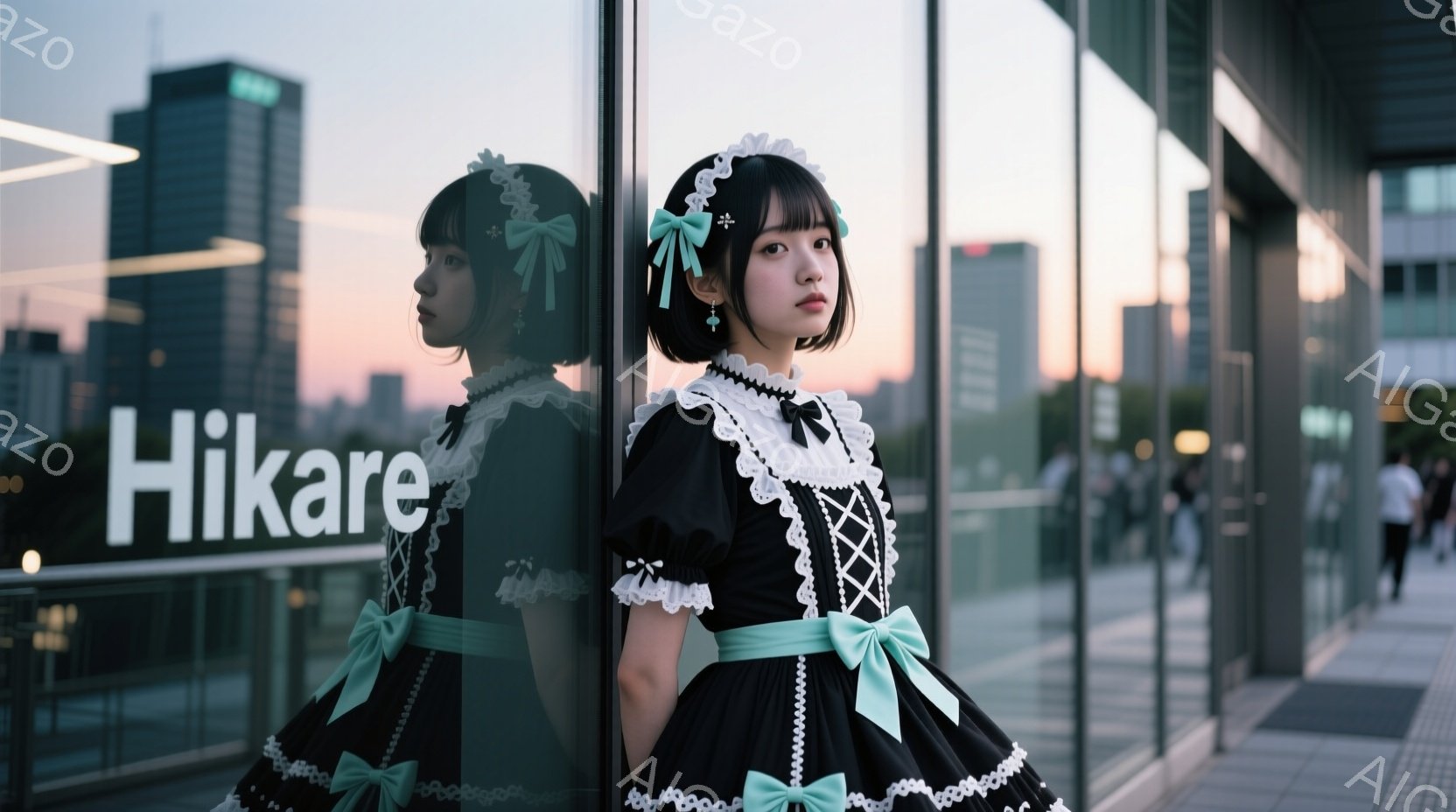 黒いメイド風のワンピースを着た若い女性が、ガラス張りの壁に寄りかかっています。彼女は明るい緑色のリボンがアクセントになった、フリルとレースが特徴の衣装を身につけ、髪は黒く、前髪はストレートで、頭には飾 - AI生成フリー素材