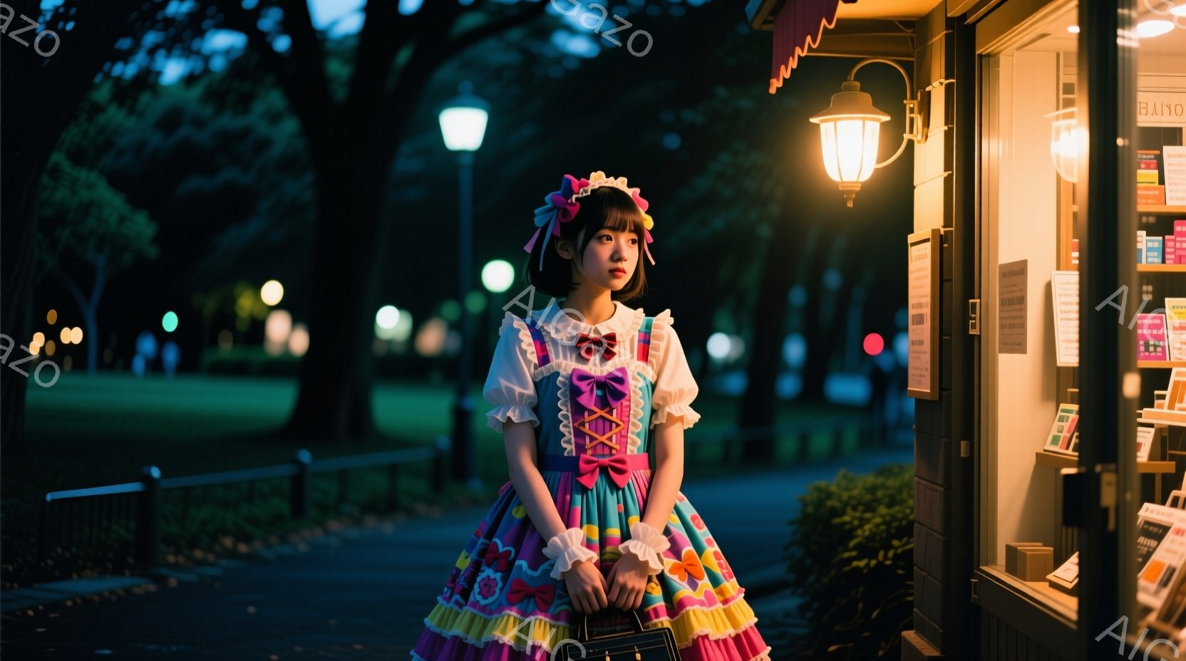 夜の公園に立つ少女は、ロリータファッションのドレスを着ており、パステルカラーのフリルが特徴的です。彼女は黒髪で、前髪はぱっつんと切り揃えられ、頭にはリボンがあしらわれています。背景には木々や街灯が見え - AI生成フリー素材